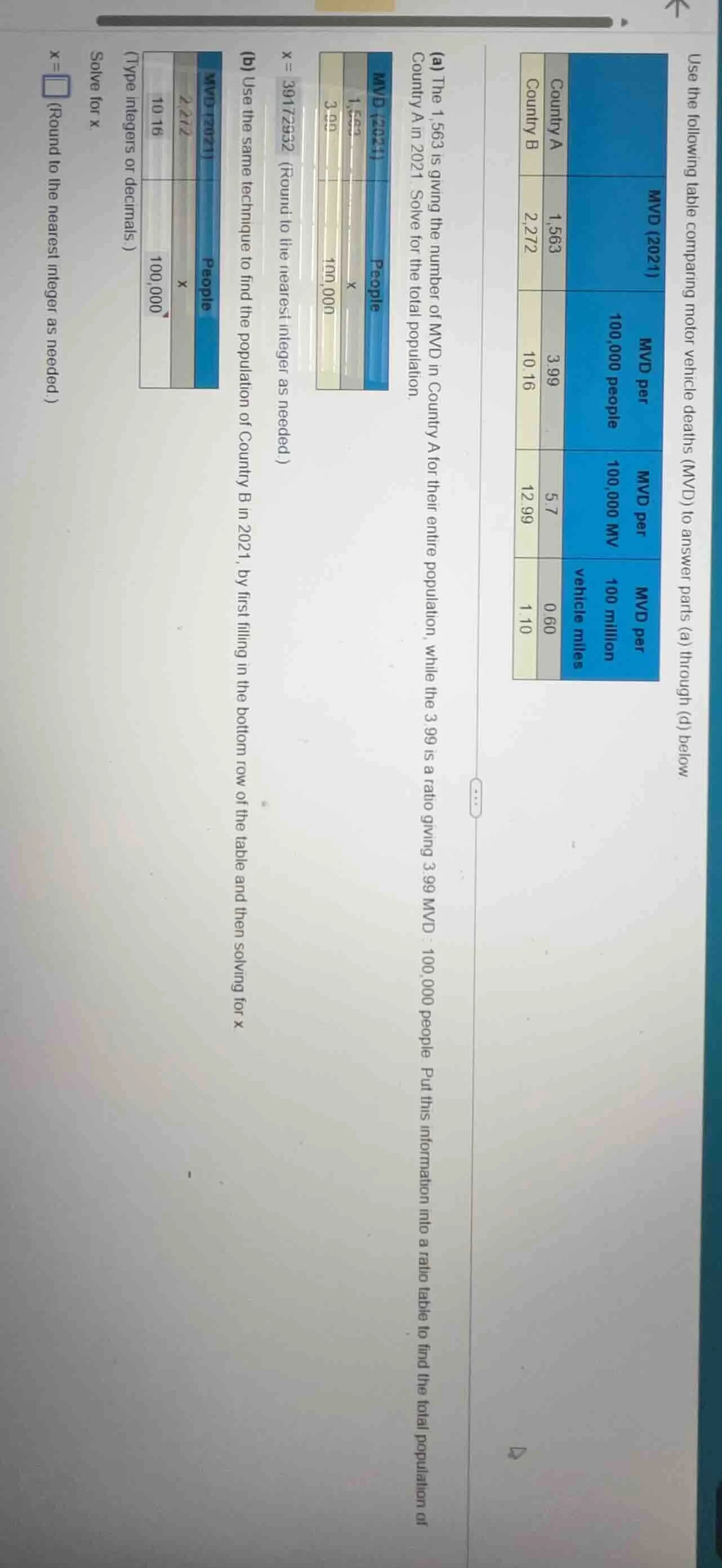 use the following table comparing motor vehicle deaths (mvd) to answer …