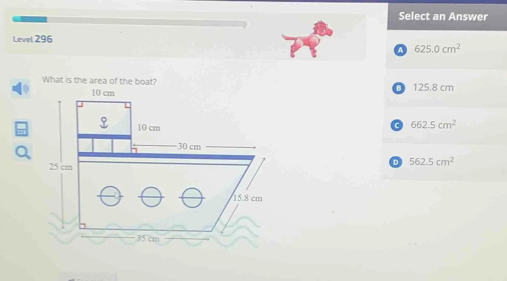 level 296 what is the area of the boat? select an answer a 625.0 cm² b …