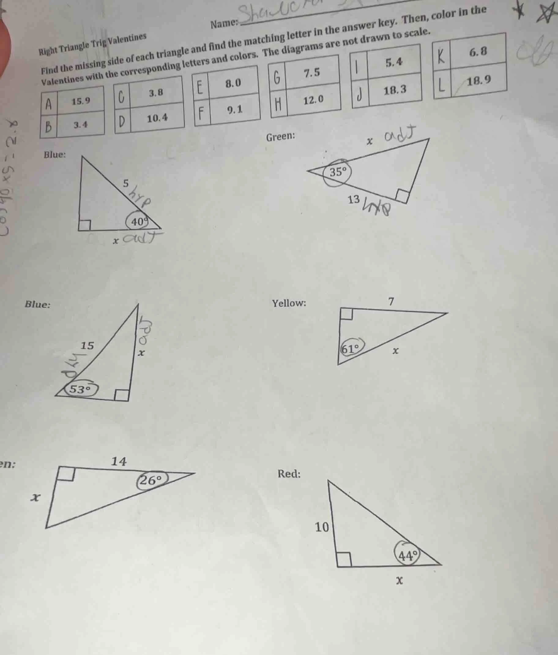 right triangle trig valentines find the missing side of each triangle a…