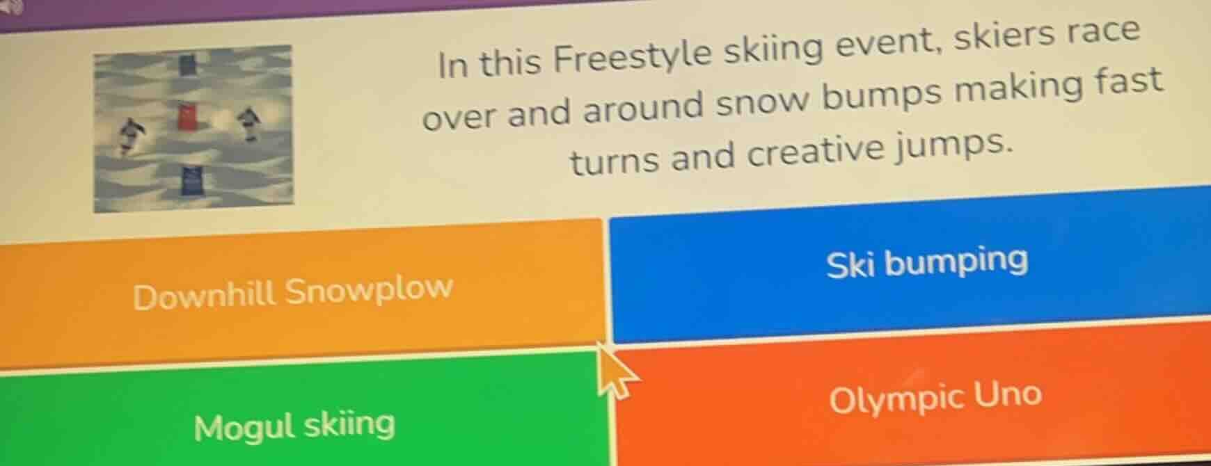 in this freestyle skiing event, skiers race over and around snow bumps …