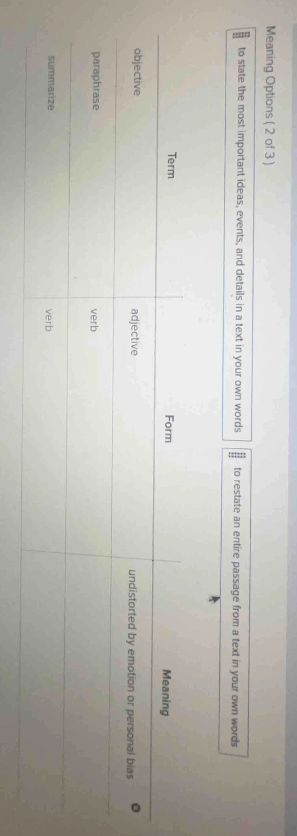 meaning options (2 of 3) to state the most important ideas, events, and…