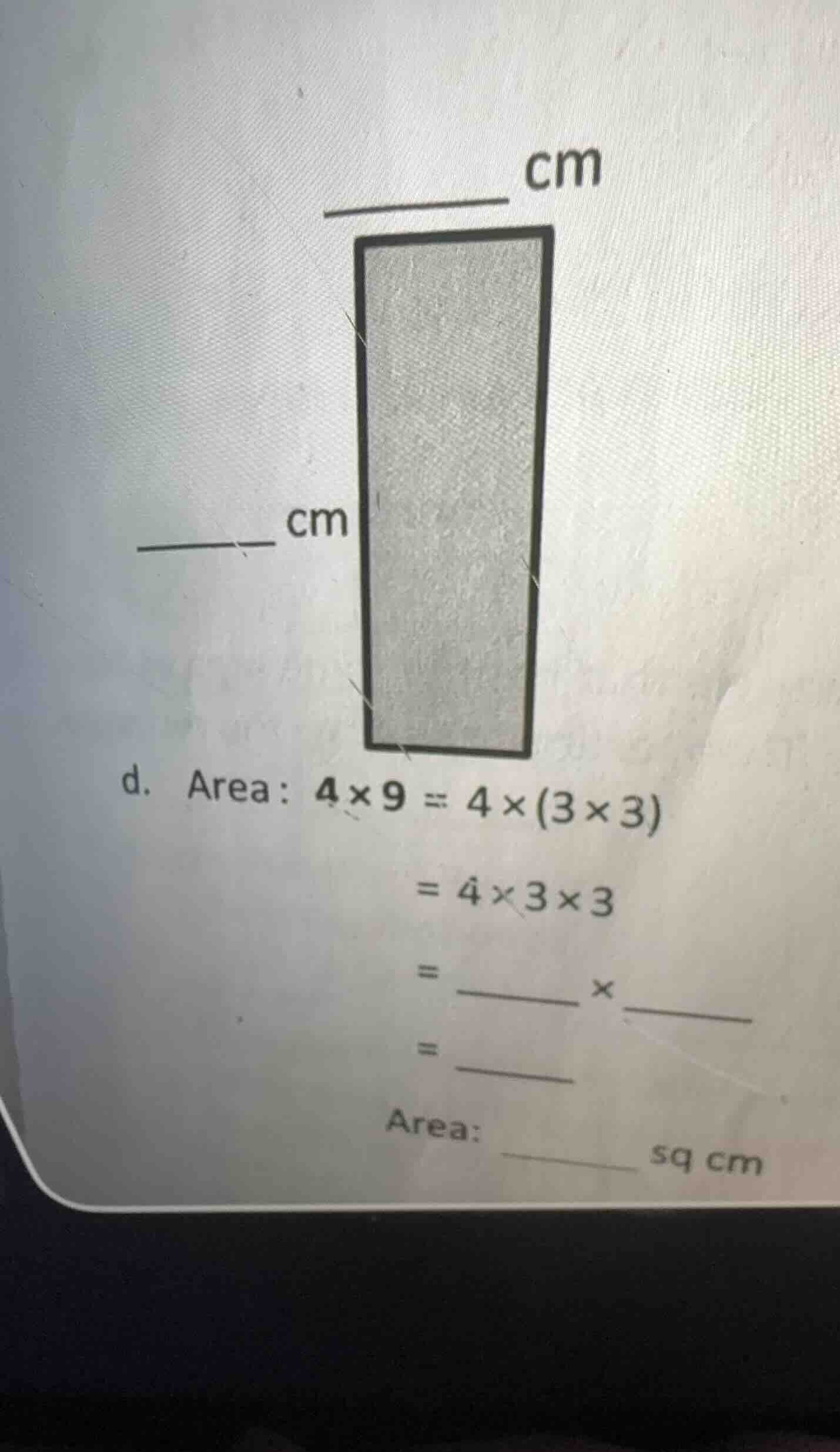 d. area: $4 \\times 9 = 4 \\times (3 \\times 3)$ $= 4 \\times 3 \\times…