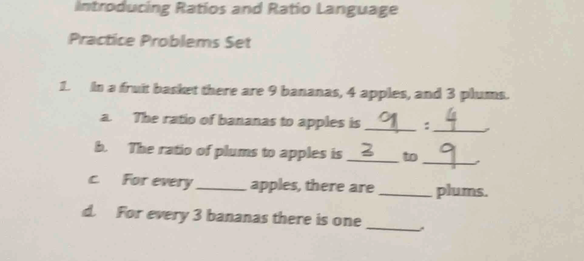introducing ratios and ratio language practice problems set 1. in a fru…