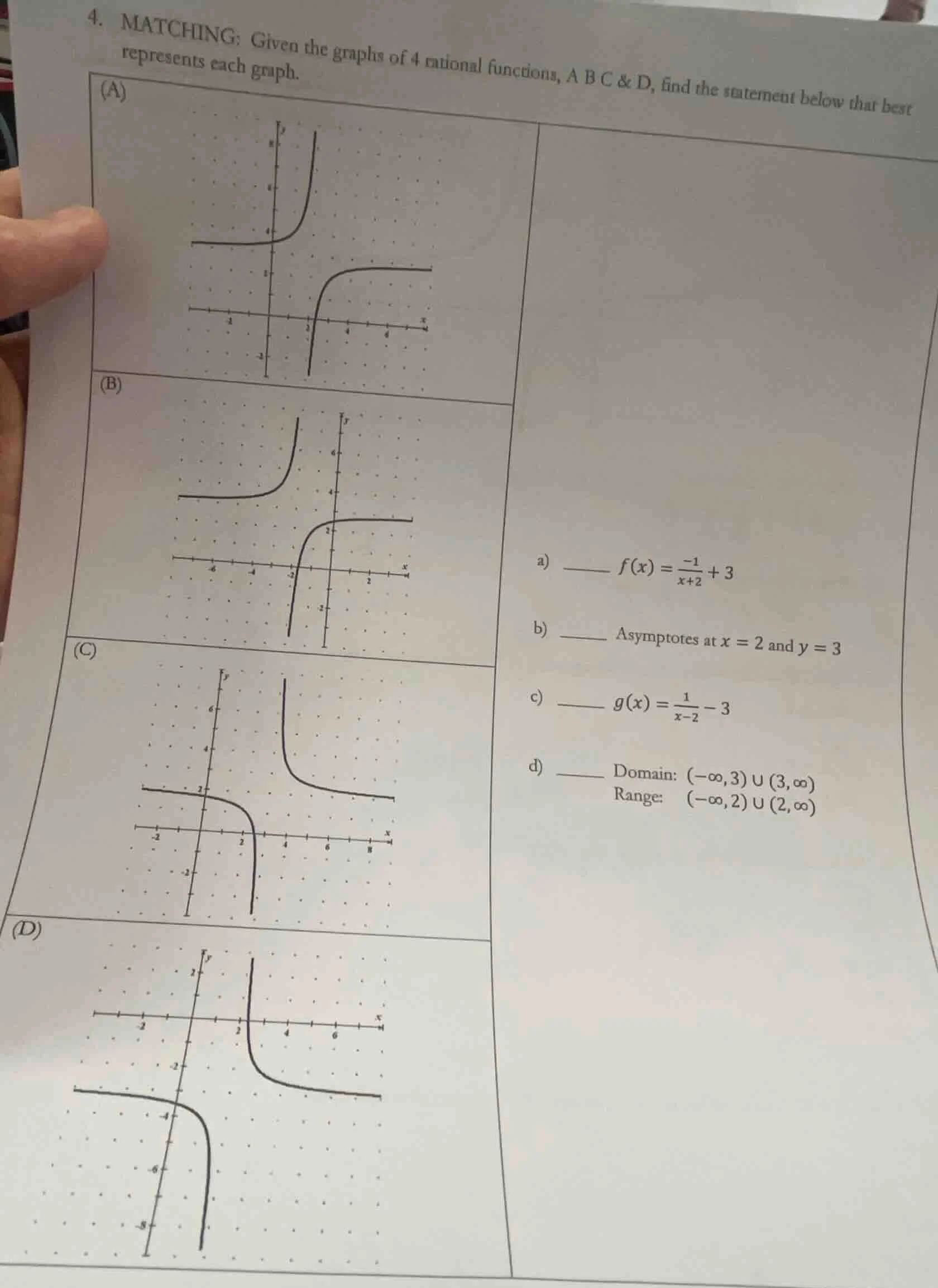 4. matching: given the graphs of 4 rational functions, a b c & d, find …