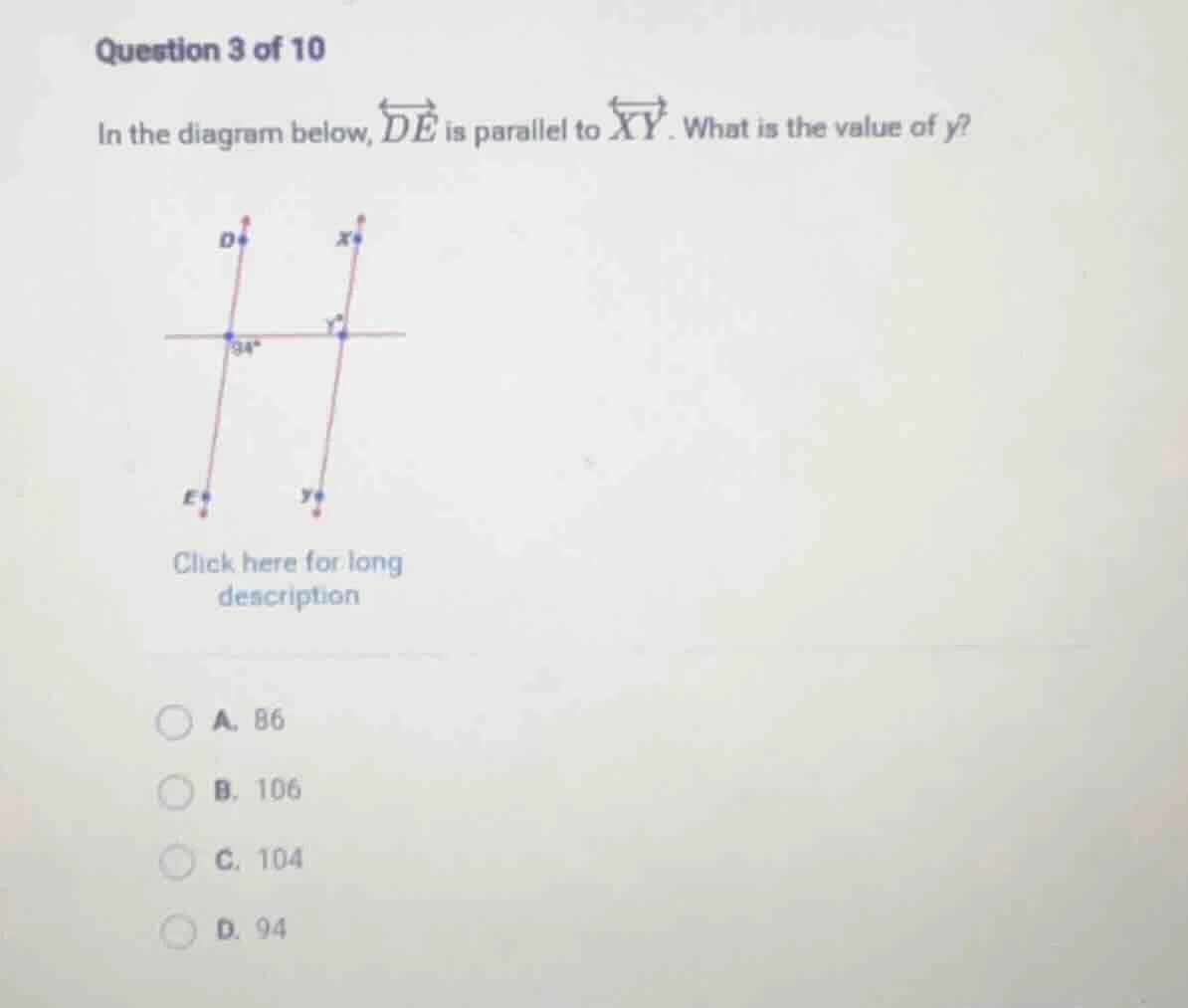 question 3 of 10 in the diagram below, \\overleftrightarrow{de} is para…