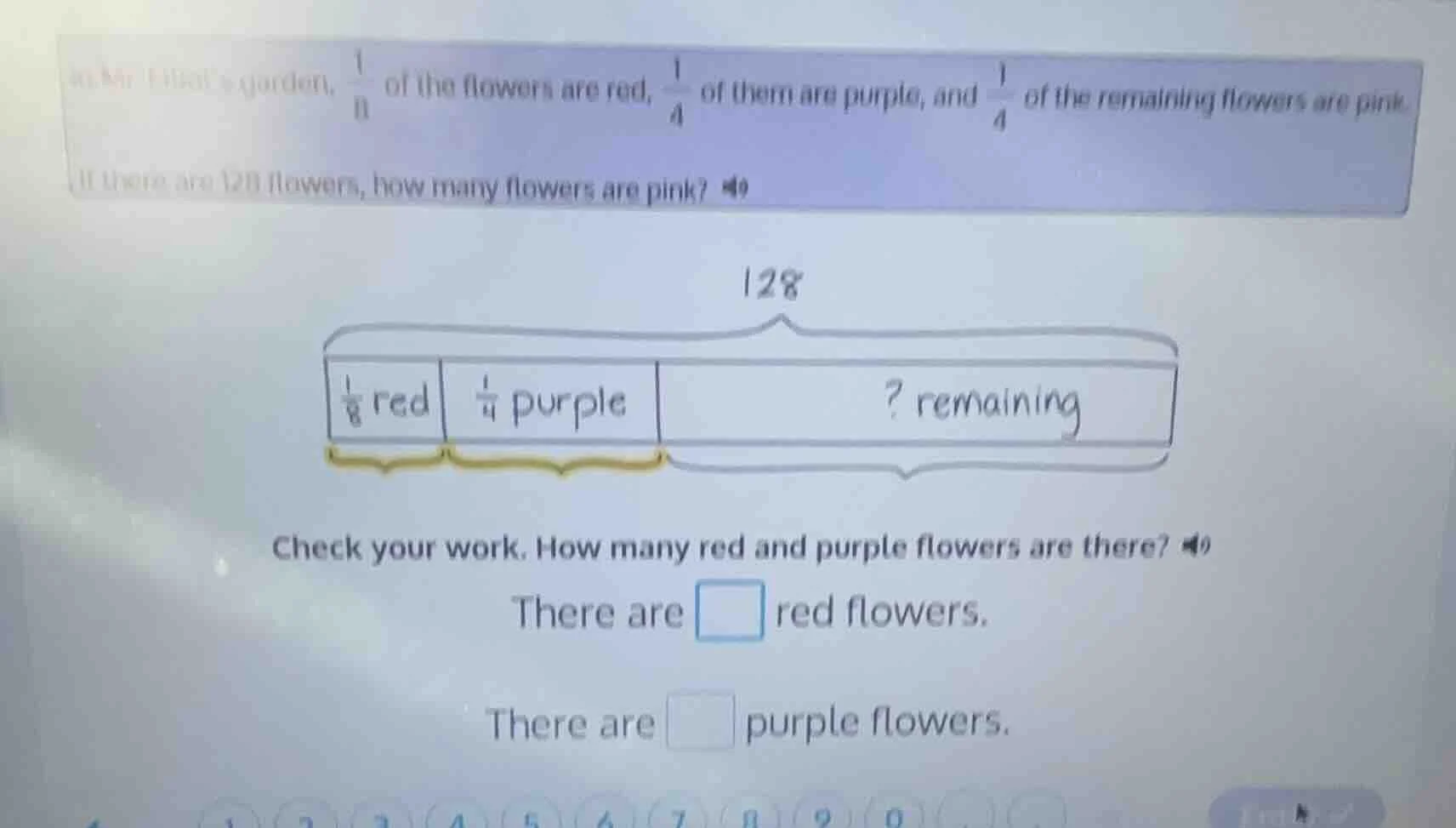 in mr. fidels garden, \\(\\frac{1}{8}\\) of the flowers are red, \\(\\f…