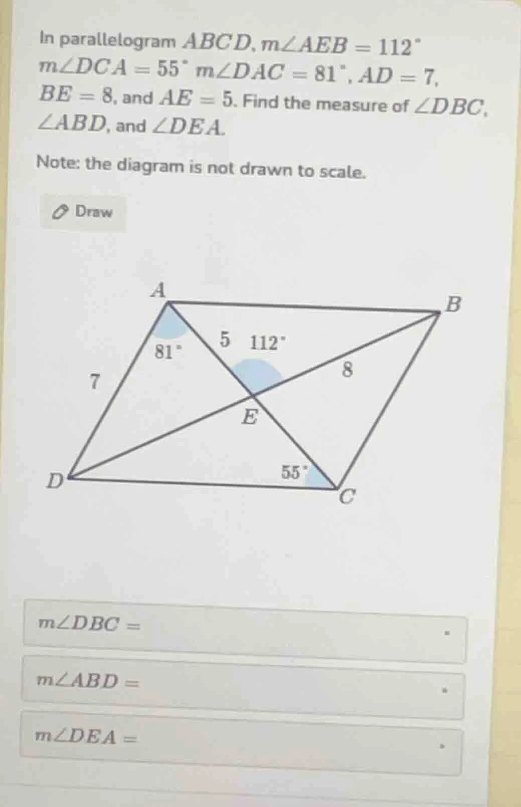 in parallelogram (abcd), (mangle aeb = 112^circ), (mangle dca = 55^circ…