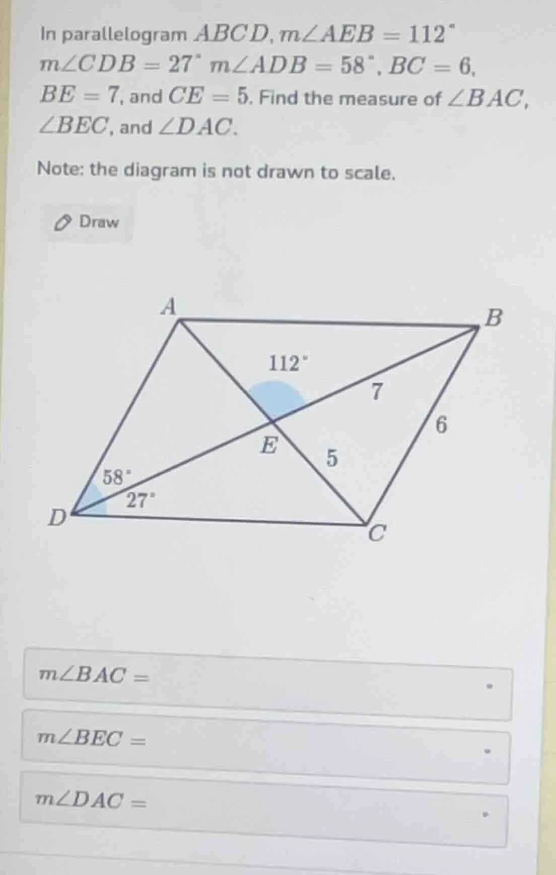 in parallelogram (abcd), (mangle aeb = 112^circ), (mangle cdb = 27^circ…