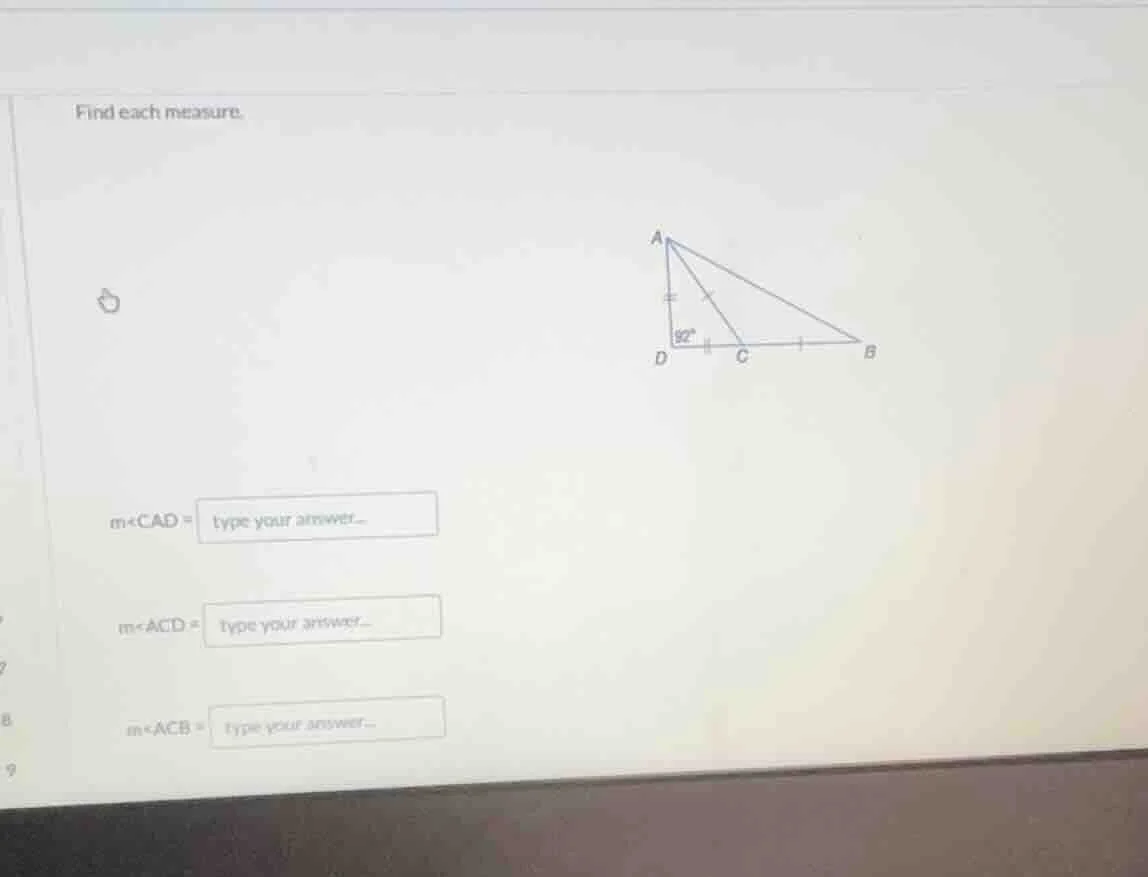 find each measure. m∠cad = type your answer... m∠acd = type your answer…