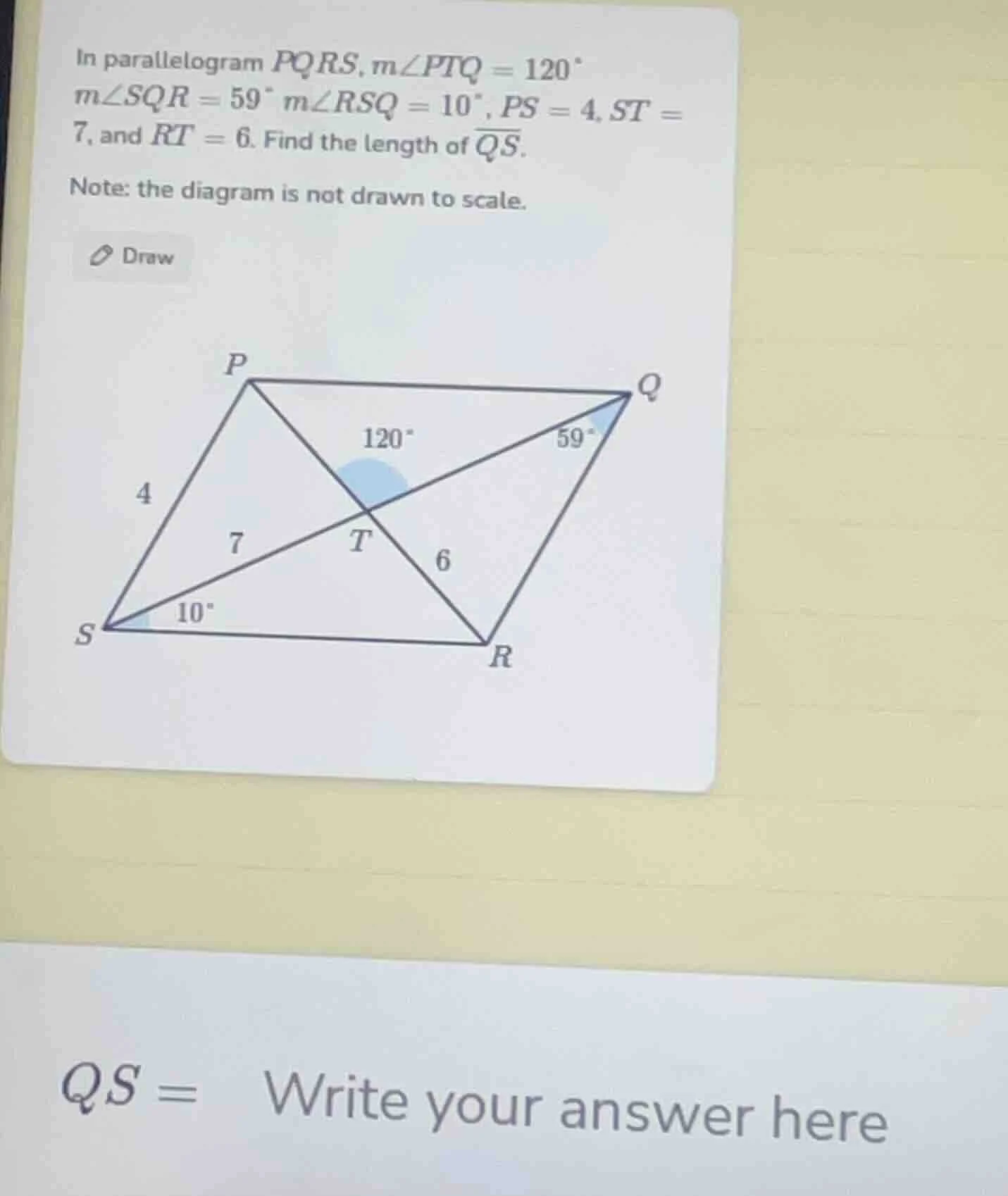 in parallelogram pqrs, ( mangle ptq = 120^circ )( mangle sqr = 59^circ …