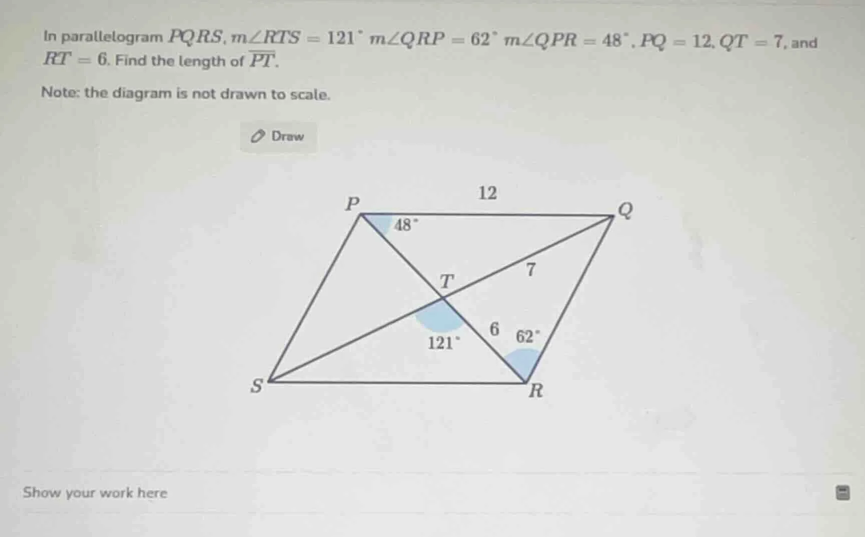 in parallelogram pqrs, ( mangle rts = 121^circ ), ( mangle qrp = 62^cir…