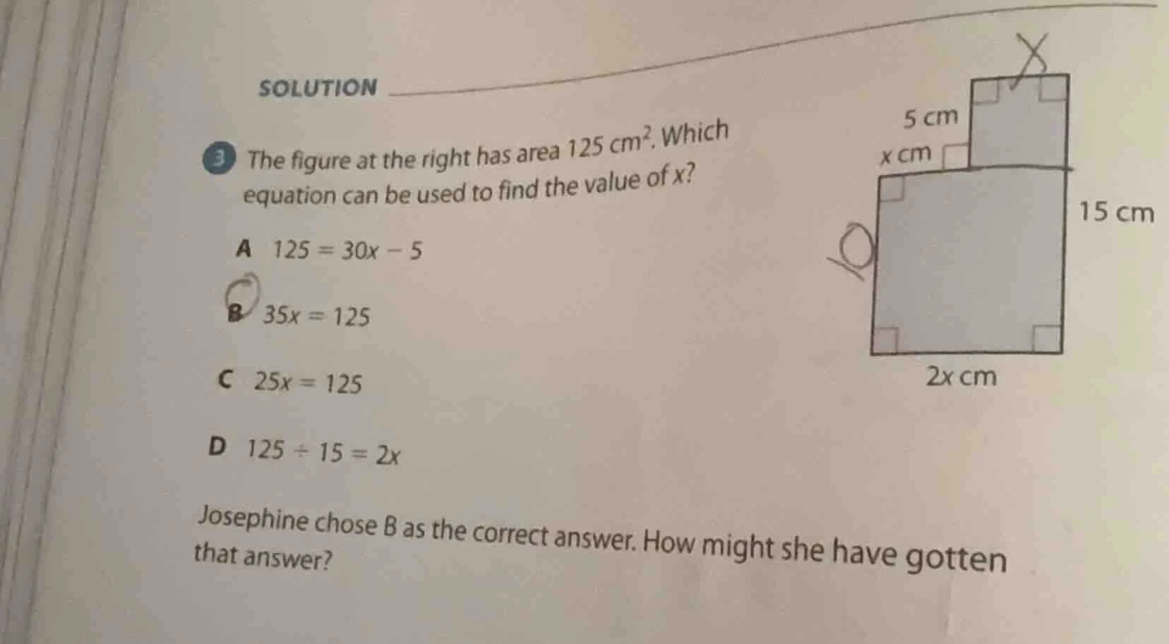 solution 3 the figure at the right has area 125 cm². which equation can…