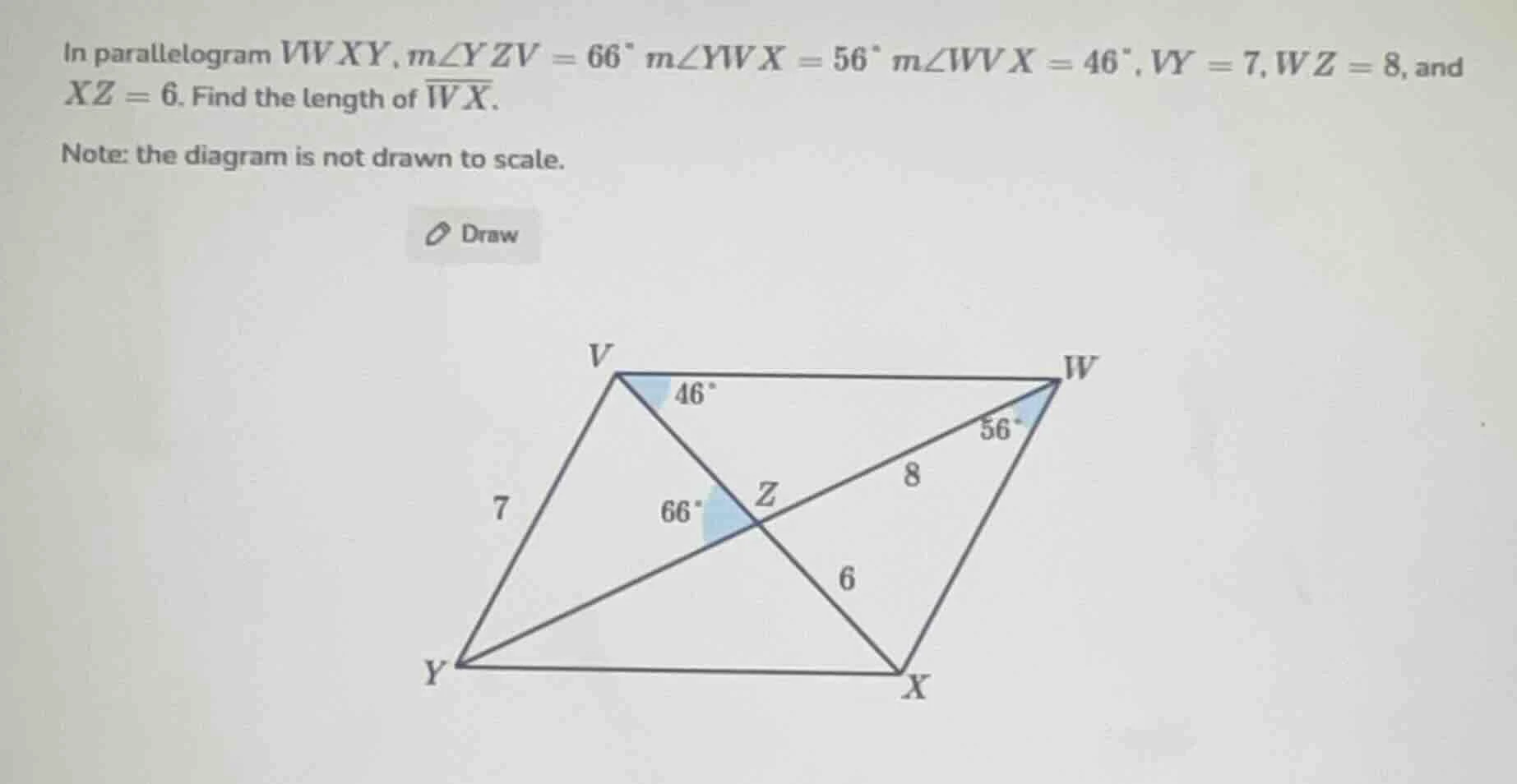 in parallelogram vwxy, ( mangle yzv = 66^circ ), ( mangle ywx = 56^circ…