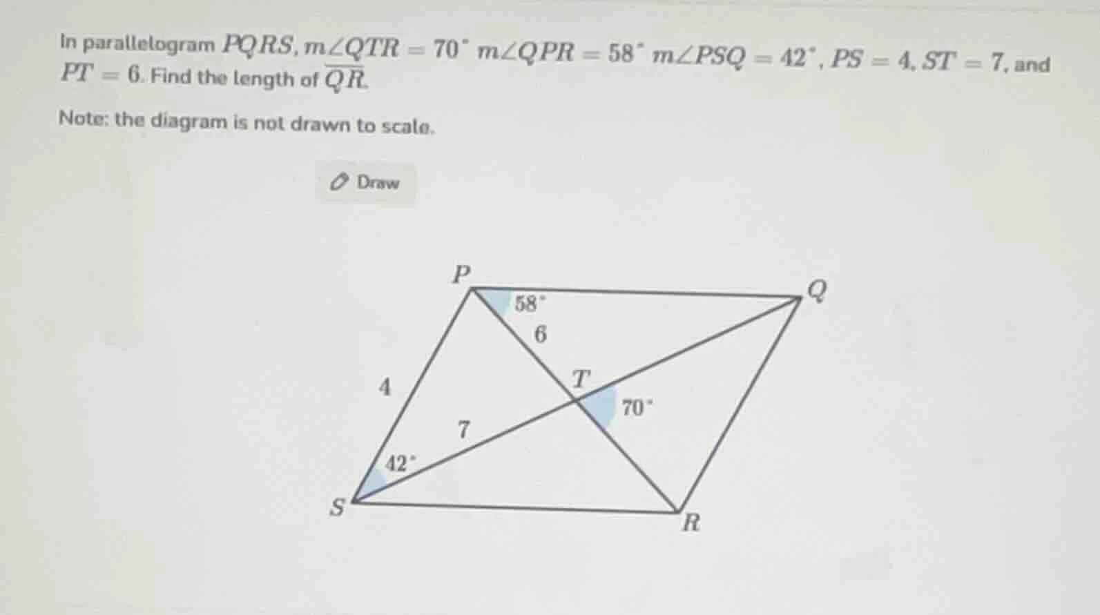 in parallelogram pqrs, ( mangle qtr = 70^circ ), ( mangle qpr = 58^circ…