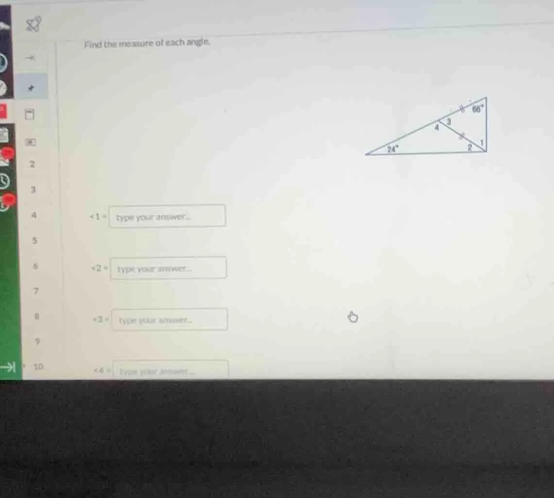 find the measure of each angle. ∠1 = type your answer.. ∠2 = type your …
