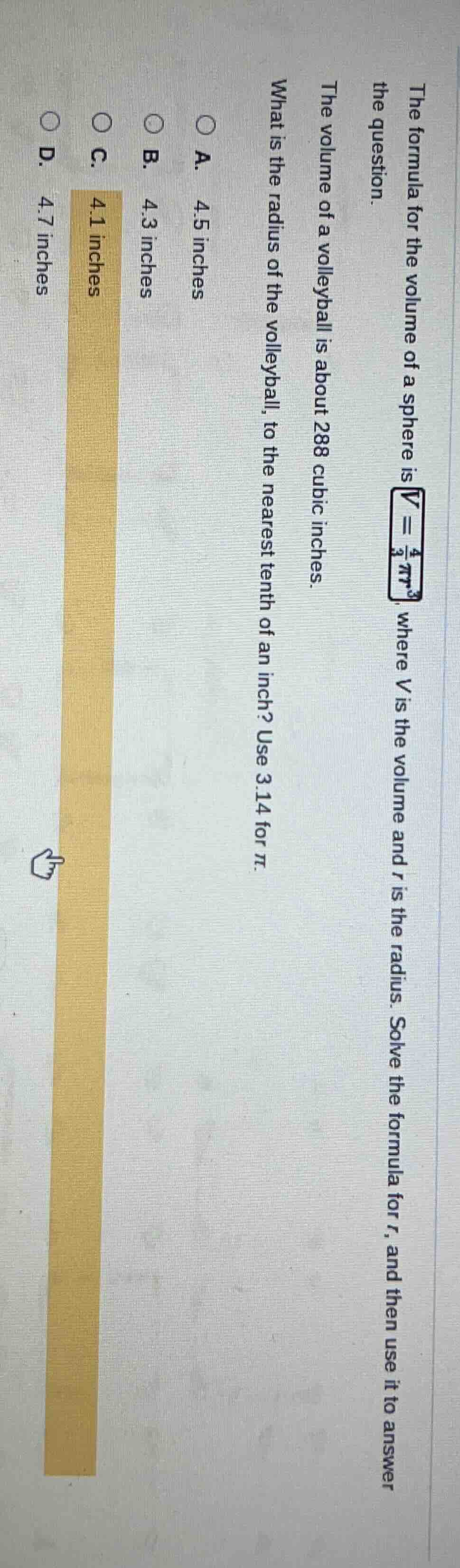 the formula for the volume of a sphere is $v = \\frac{4}{3}\\pi r^3$, w…