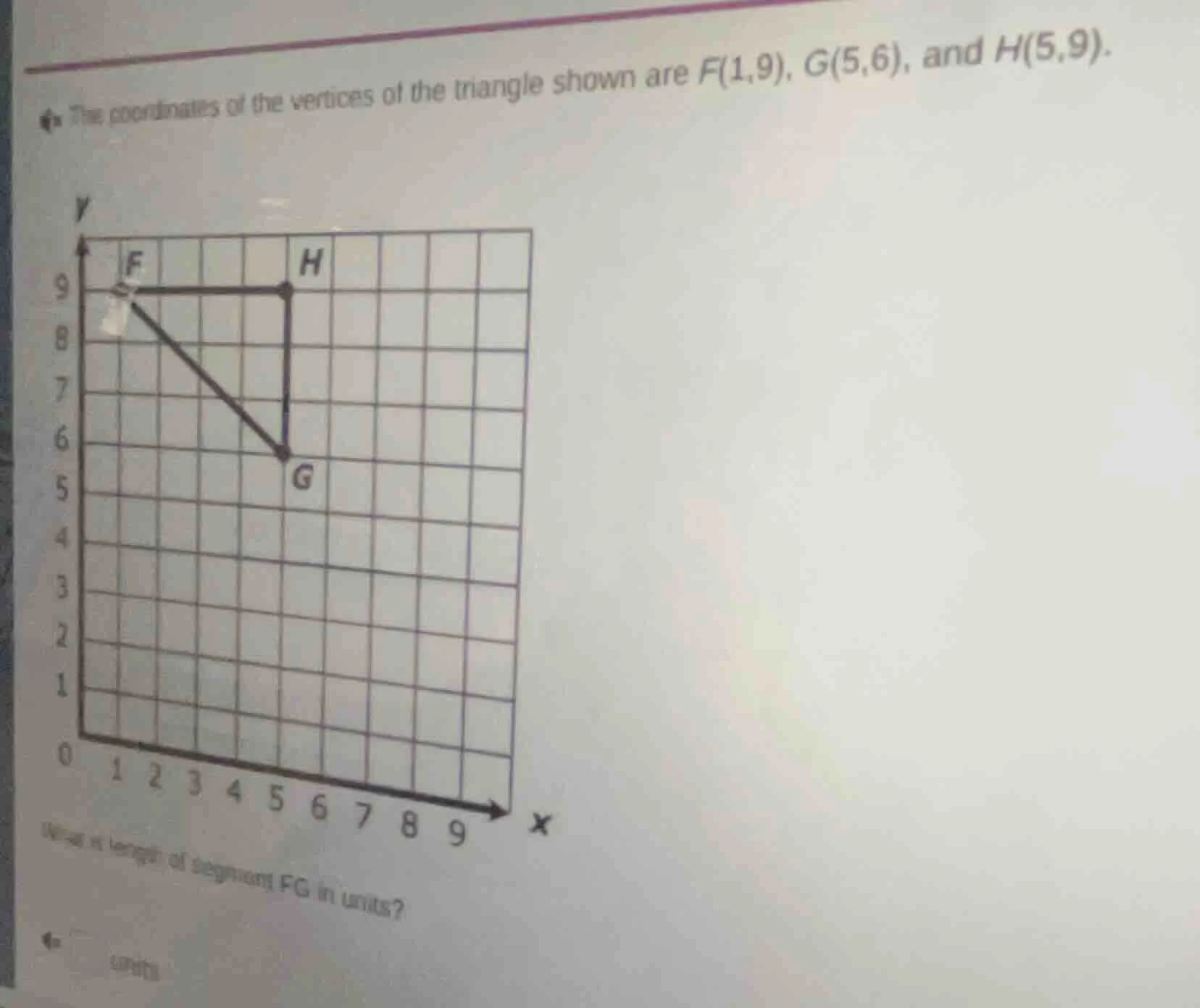 the coordinates of the vertices of the triangle shown are f(1,9), g(5,6…