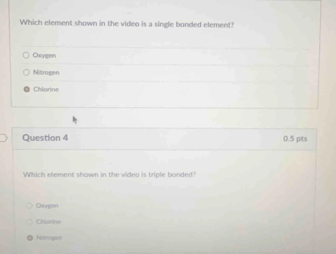 which element shown in the video is a single bonded element? oxygen nit…