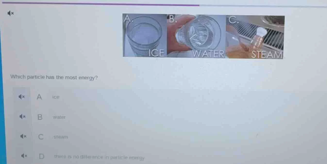 a. ice b. water c. steam which particle has the most energy? a ice b wa…