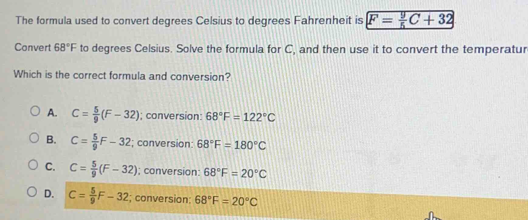 the formula used to convert degrees celsius to degrees fahrenheit is $f…