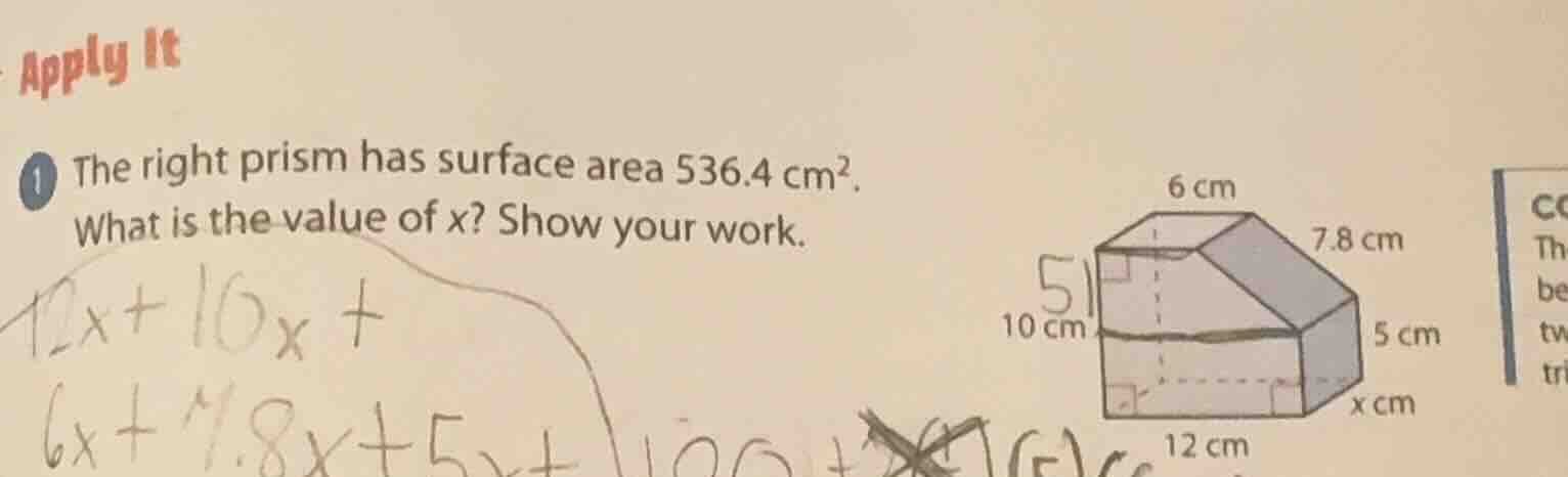 apply it 1 the right prism has surface area 536.4 cm². what is the valu…