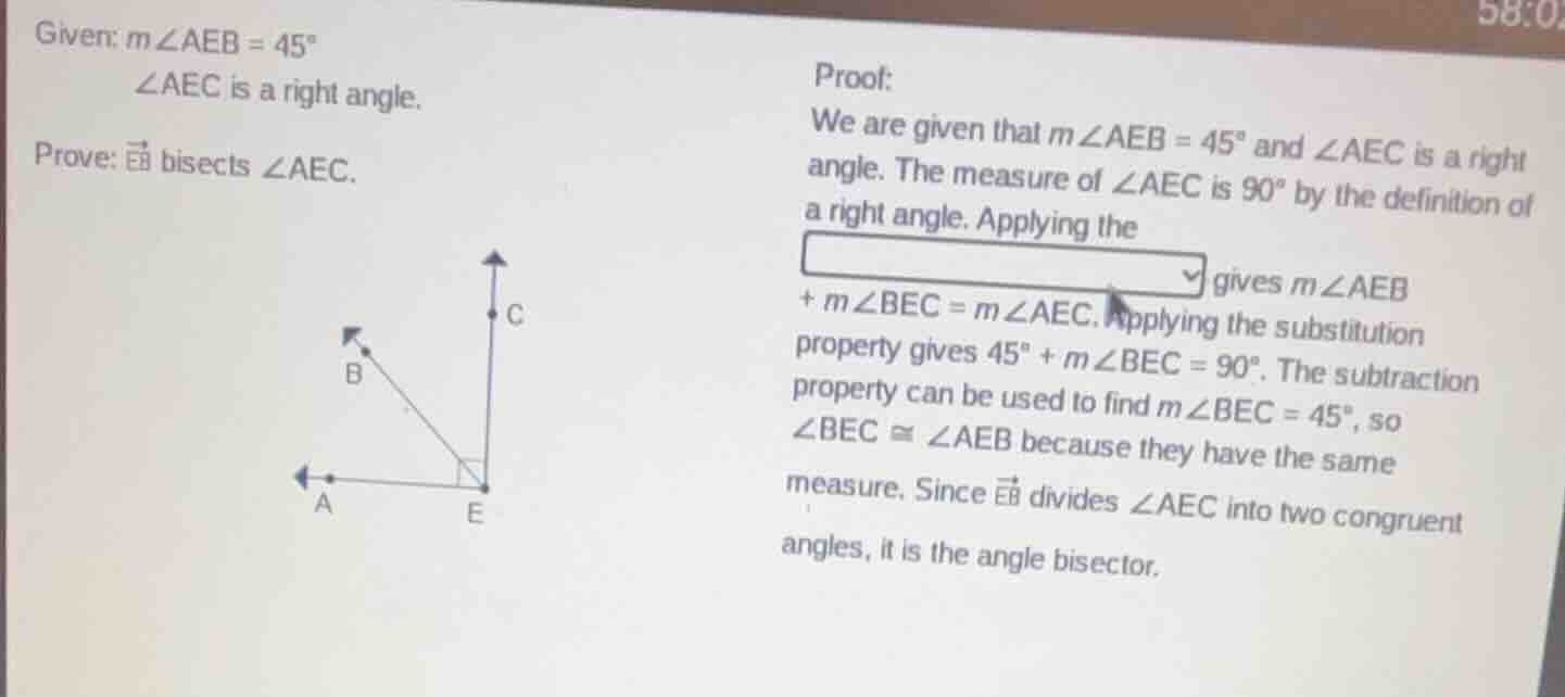 given: ( mangle aeb = 45^circ ) ( angle aec ) is a right angle. prove: …