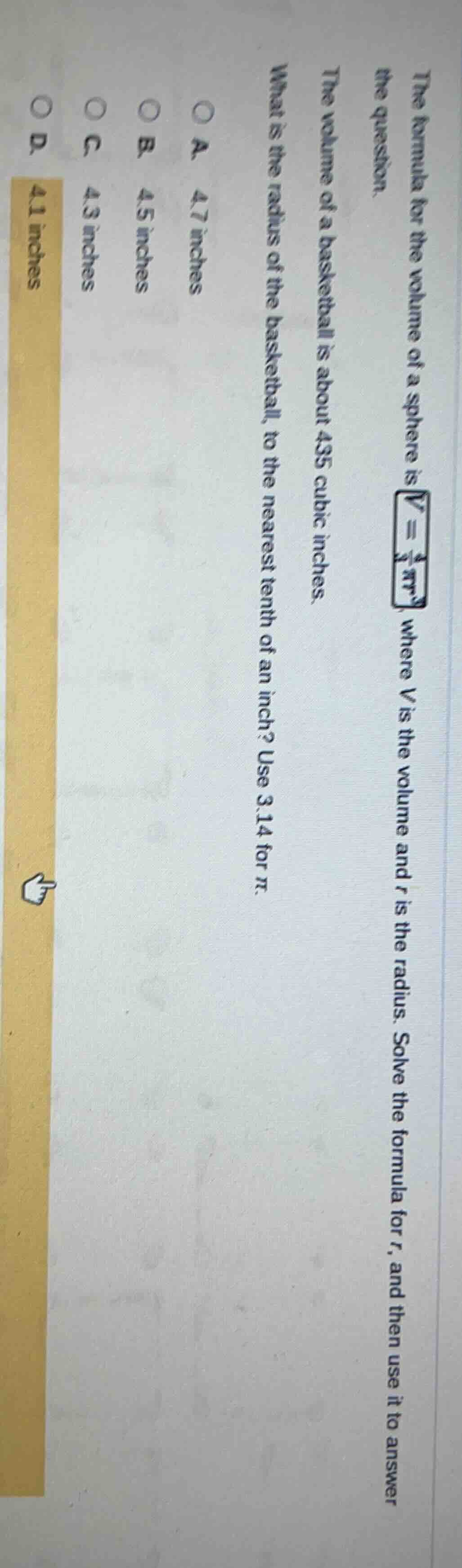 the formula for the volume of a sphere is $v = \\frac{4}{3}\\pi r^3$, w…
