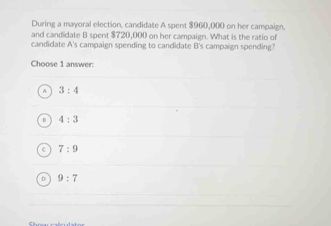 during a mayoral election, candidate a spent $960,000 on her campaign, …