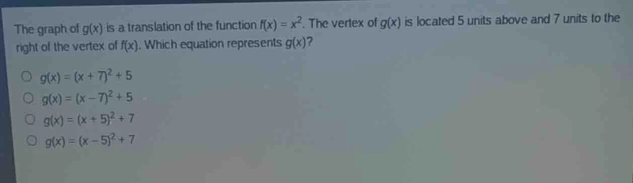the graph of g(x) is a translation of the function f(x) = x². the verte…