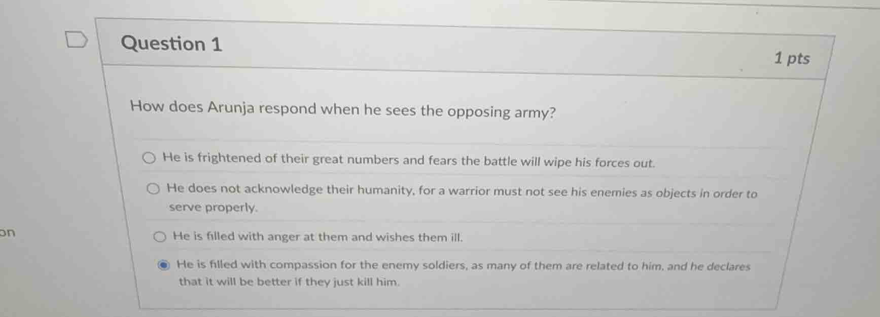 question 1 1 pts how does arunja respond when he sees the opposing army…