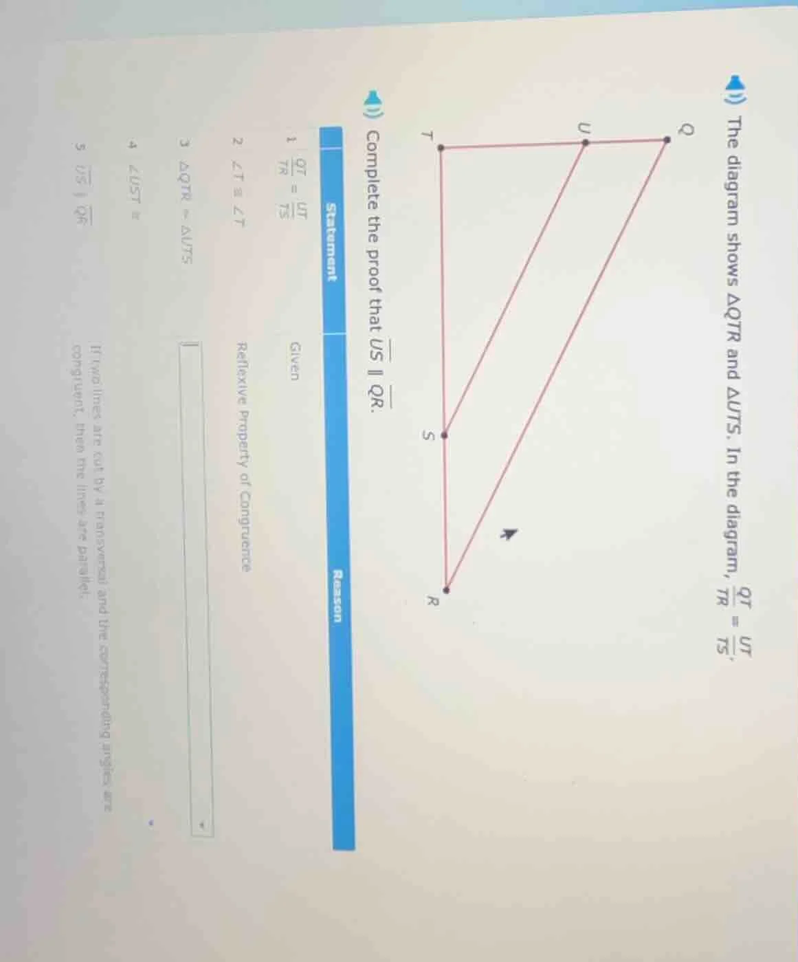 the diagram shows $\\triangle qtr$ and $\\triangle uts$. in the diagram…
