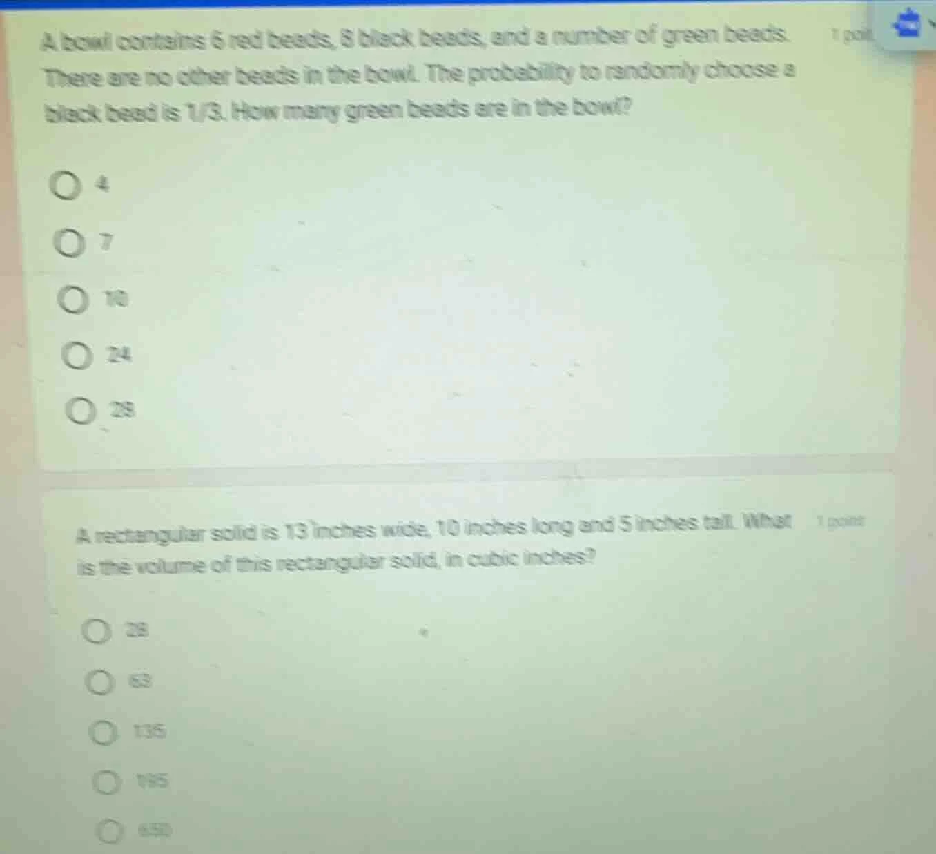 a bowl contains 6 red beads, 8 black beads, and a number of green beads…