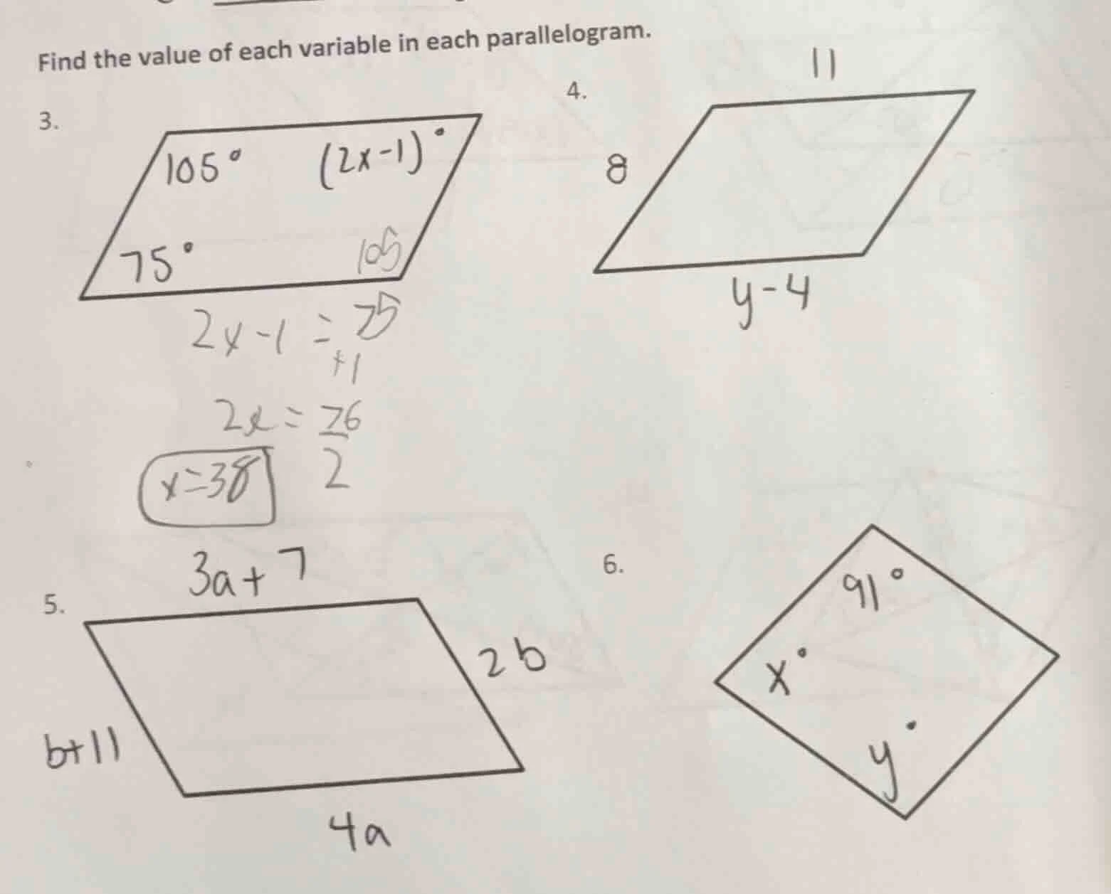 find the value of each variable in each parallelogram. 3. 4. 5. 6.
