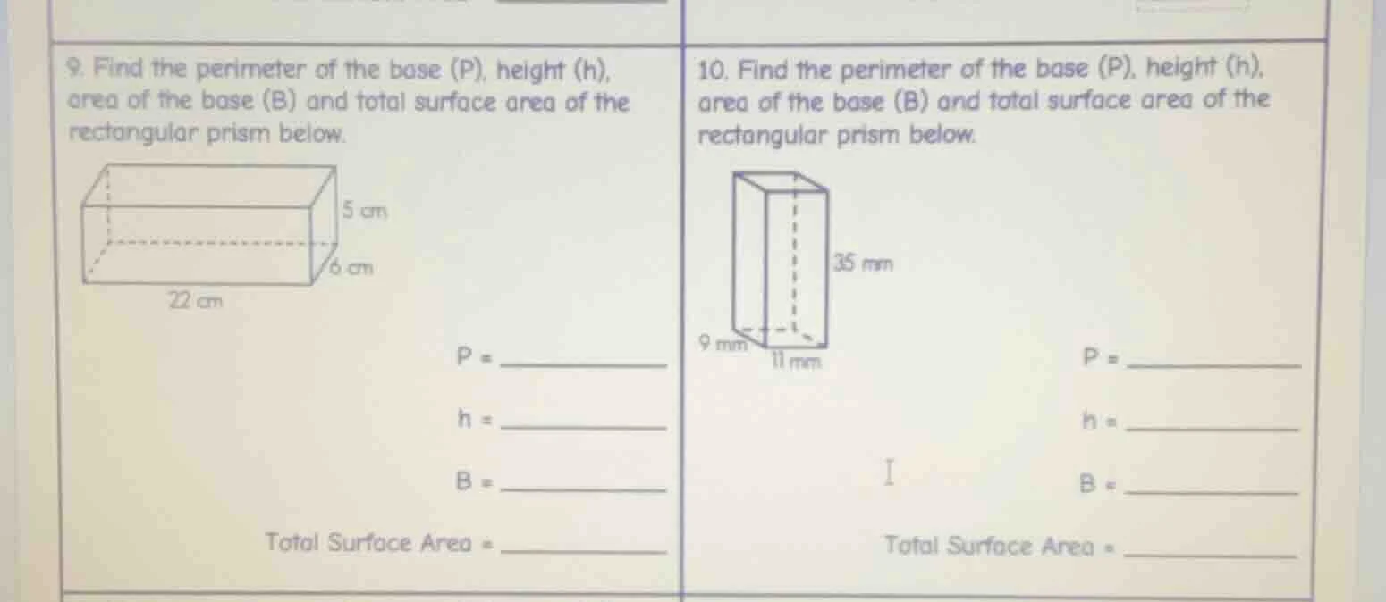 9. find the perimeter of the base (p), height (h), area of the base (b)…