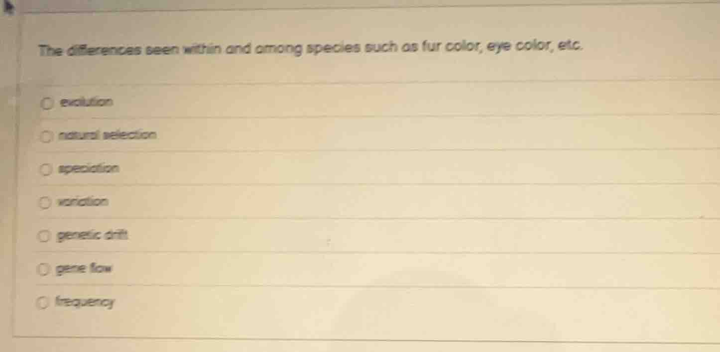 the differences seen within and among species such as fur color, eye co…