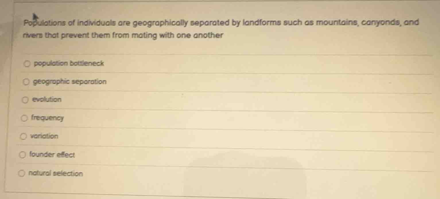 populations of individuals are geographically separated by landforms su…