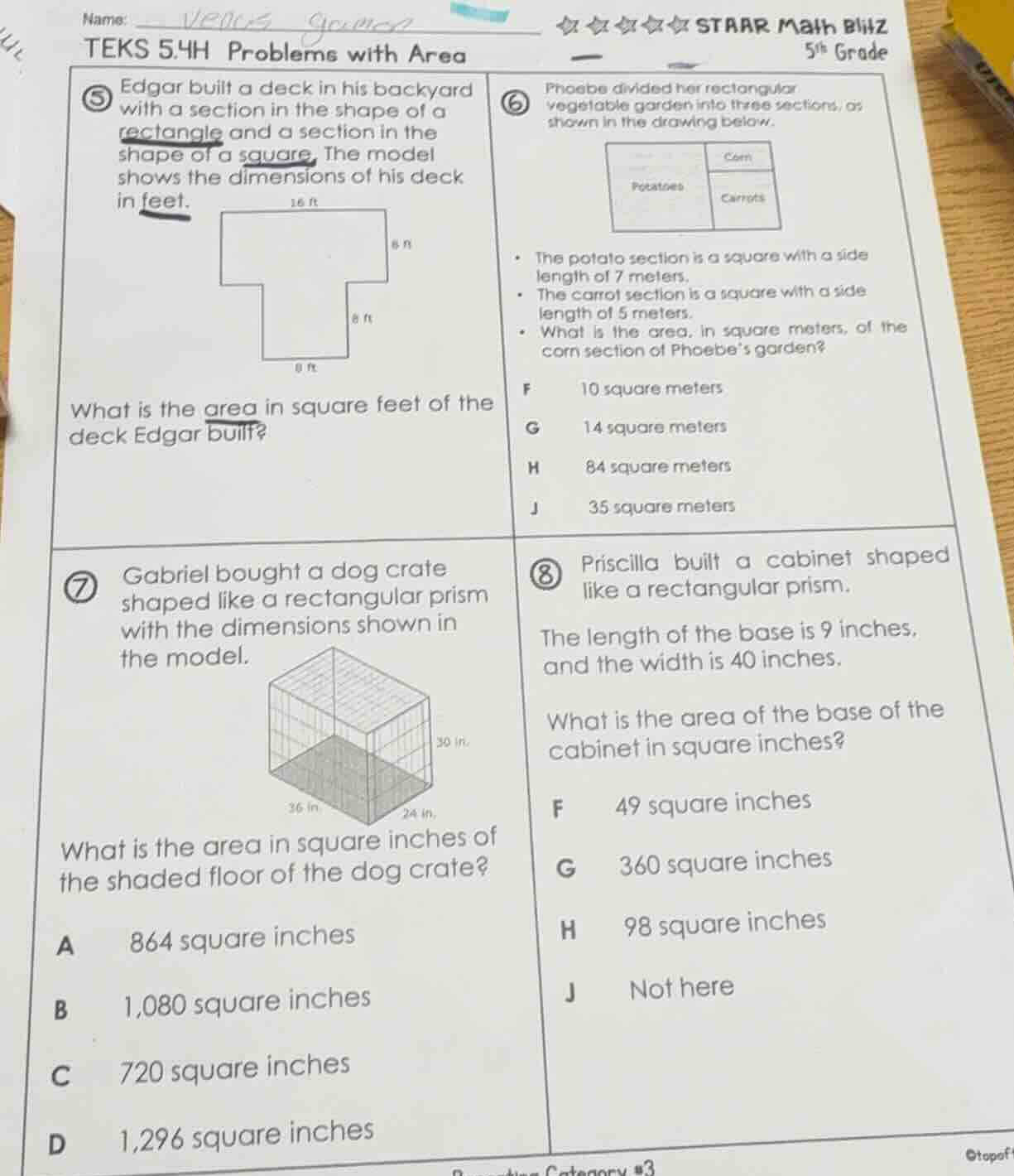 name: teks 5.4h problems with area starr math blitz 5th grade ⑤ edgar b…