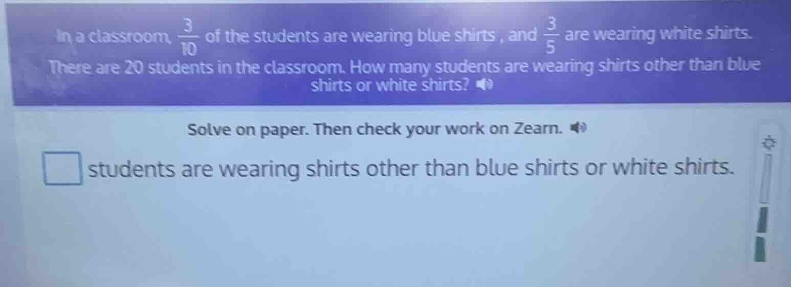 in a classroom, \\(\\frac{3}{10}\\) of the students are wearing blue sh…