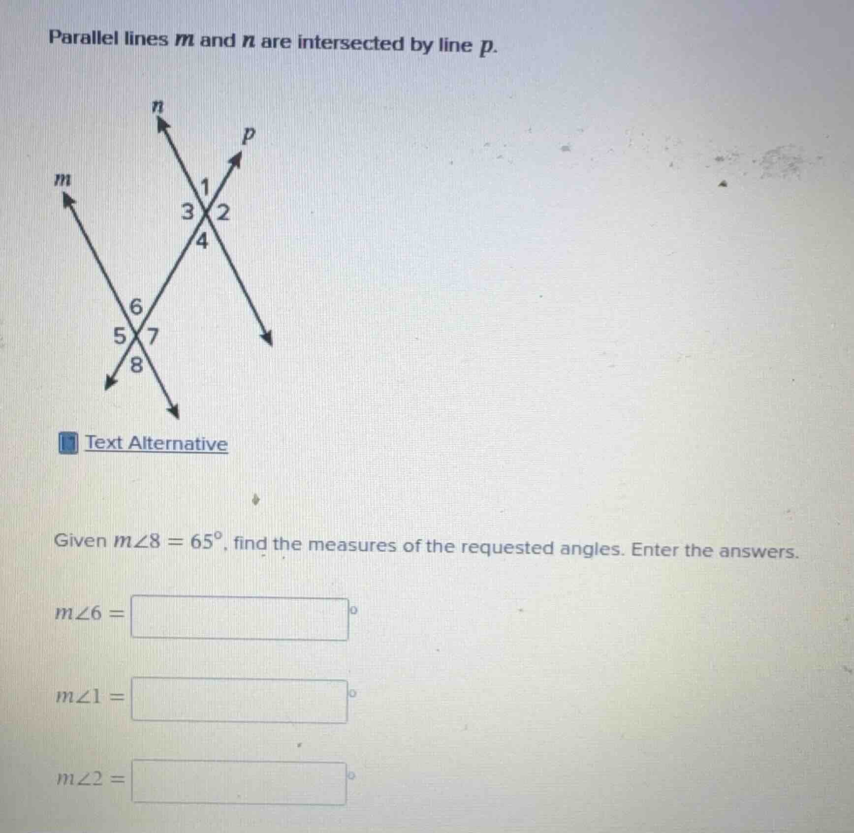 parallel lines m and n are intersected by line p. given ( mangle8 = 65^…