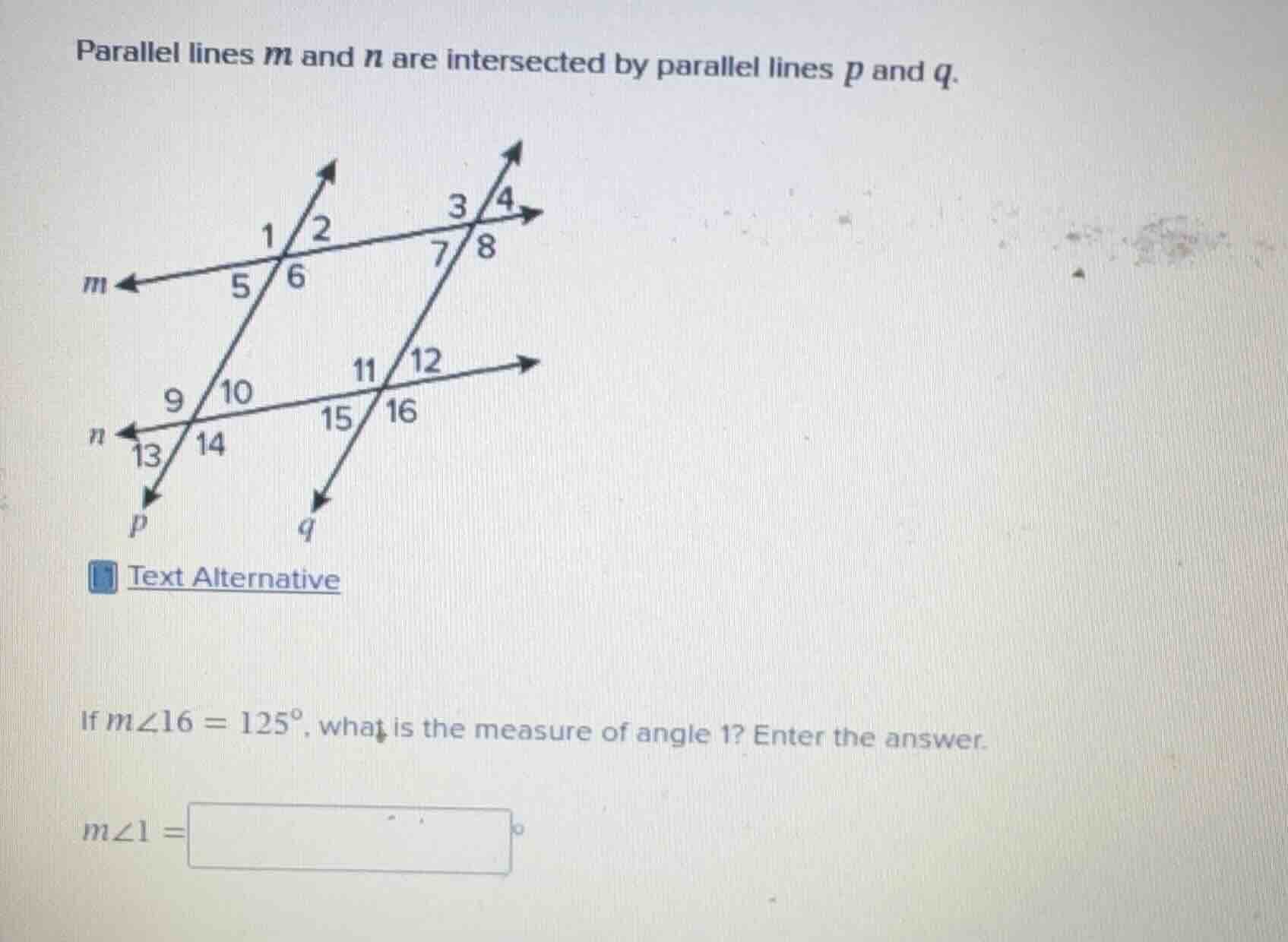 parallel lines m and n are intersected by parallel lines p and q. if ( …