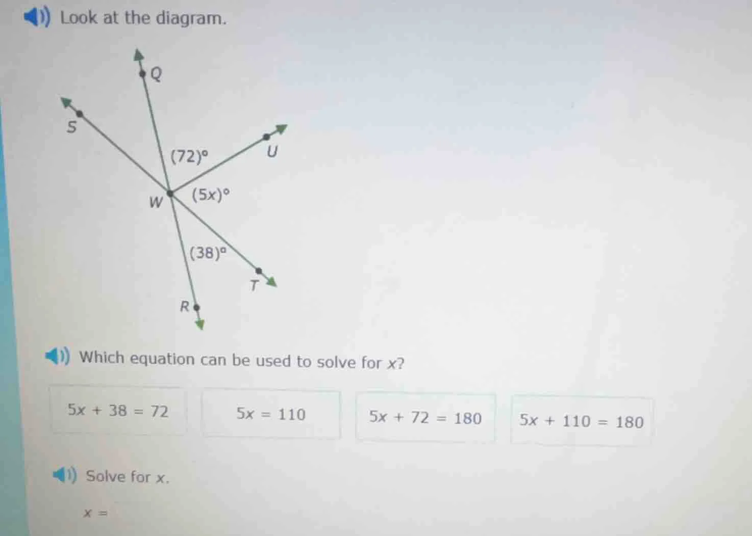 look at the diagram. which equation can be used to solve for x? $5x + 3…