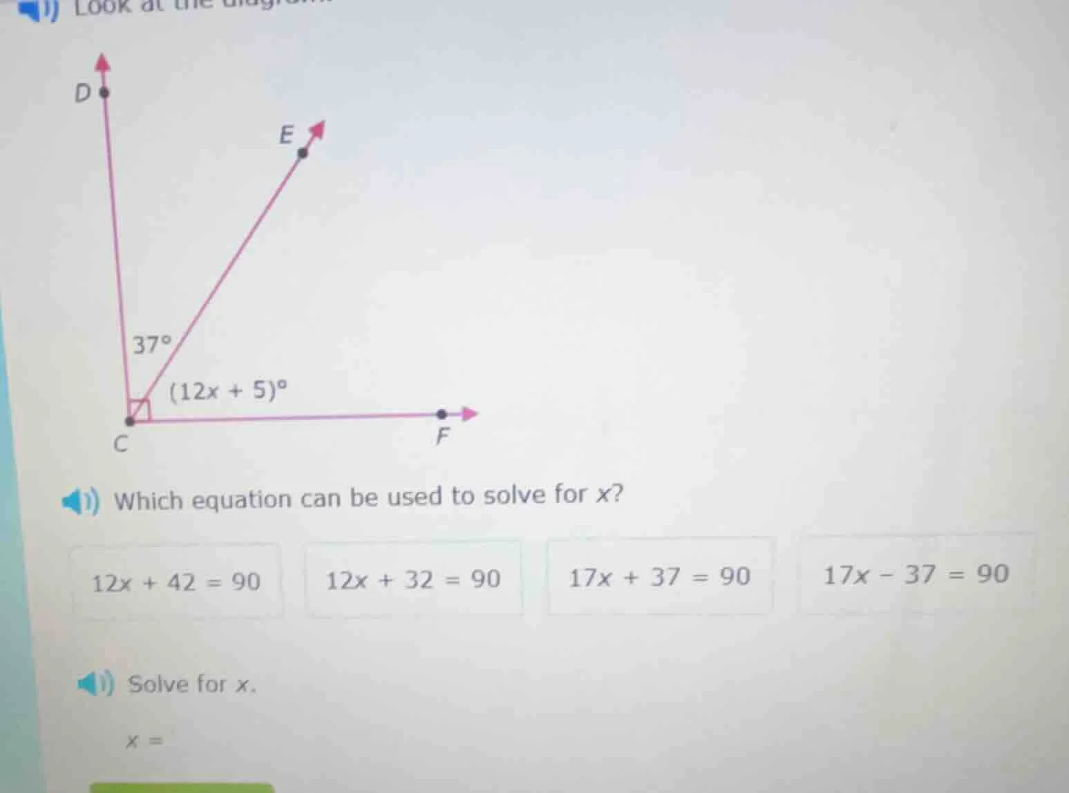 look at the diagram which equation can be used to solve for x? $12x + 4…