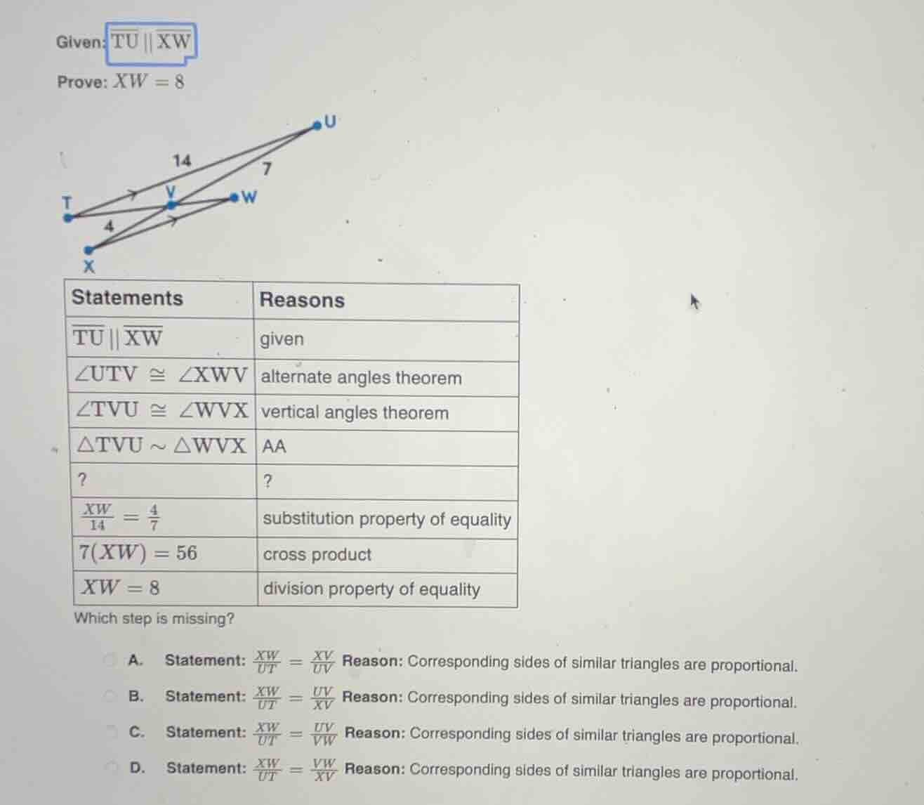 given: $overline{tu} parallel overline{xw}$ prove: $xw = 8$ (image of a…