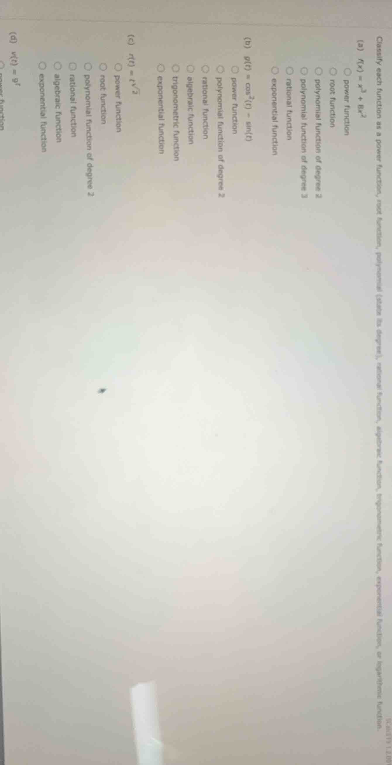 classify each function as a power function, root function, polynomial (…