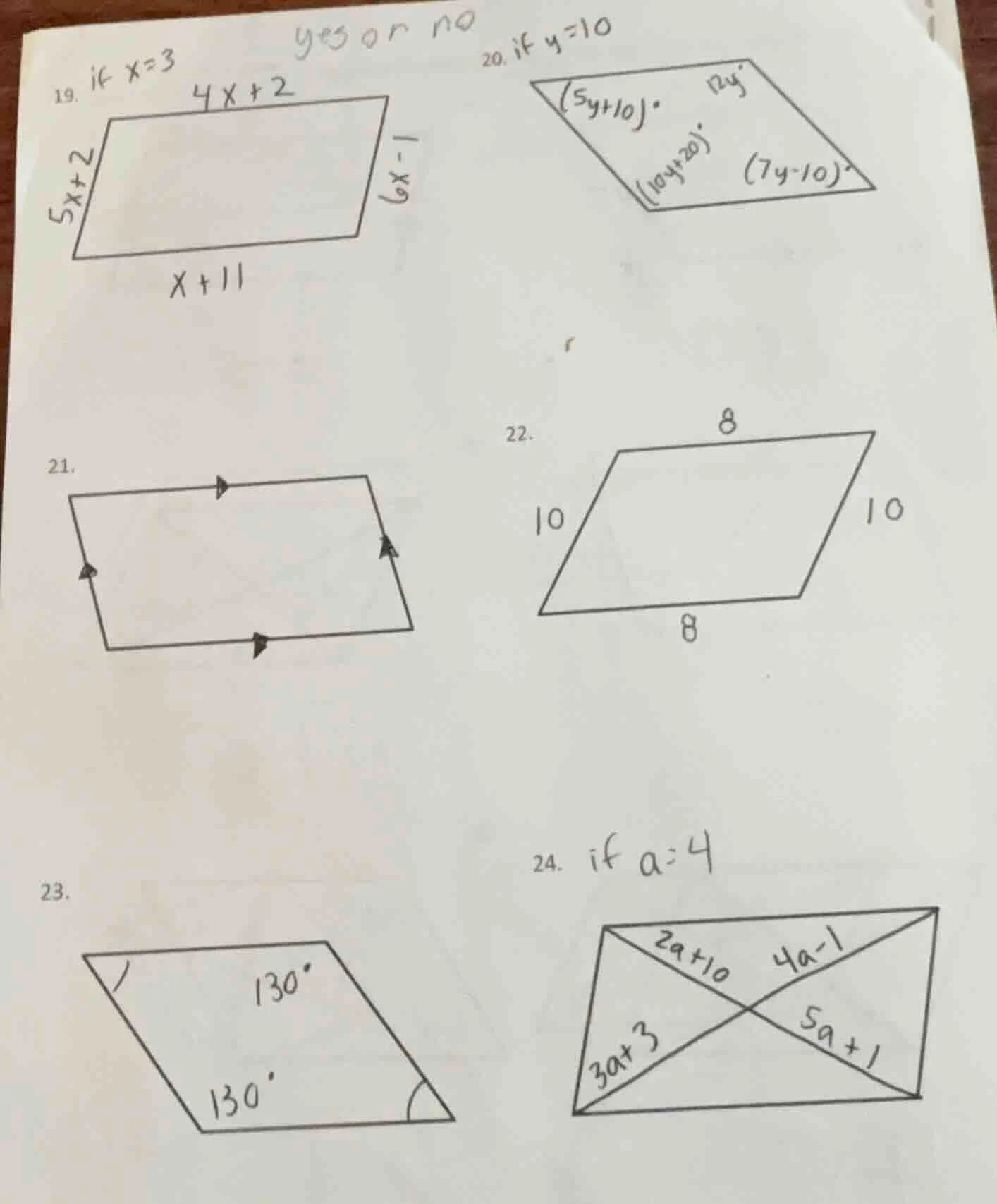 19. if x=3 yes or no 4x+2 5x+2 6x-1 x+11 20. if y=10 (5y+10)° 12y° (10y…