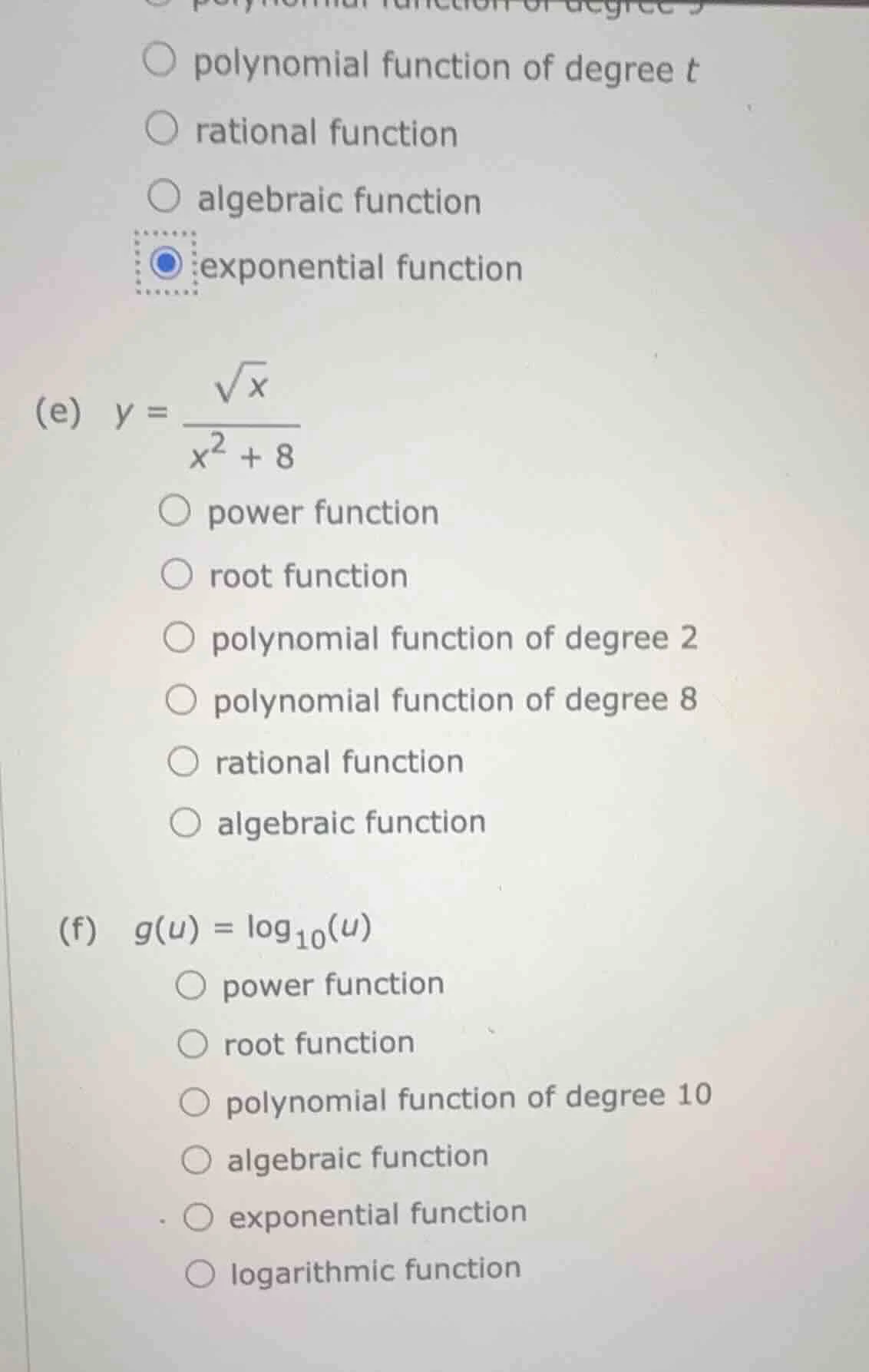 (e) $y = \\frac{\\sqrt{x}}{x^2 + 8}$ \\bigcirc power function \\bigcirc…