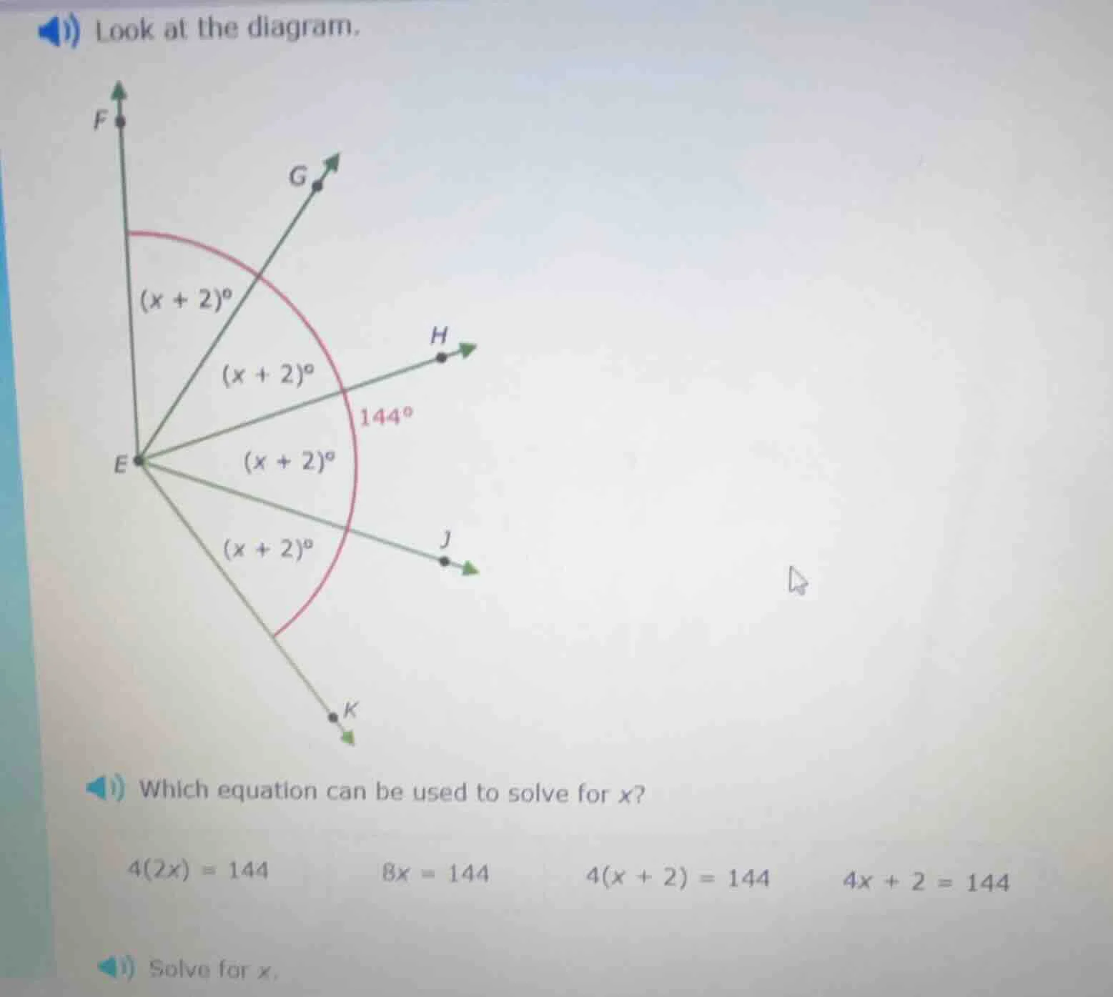 look at the diagram. which equation can be used to solve for x? $4(2x)=…