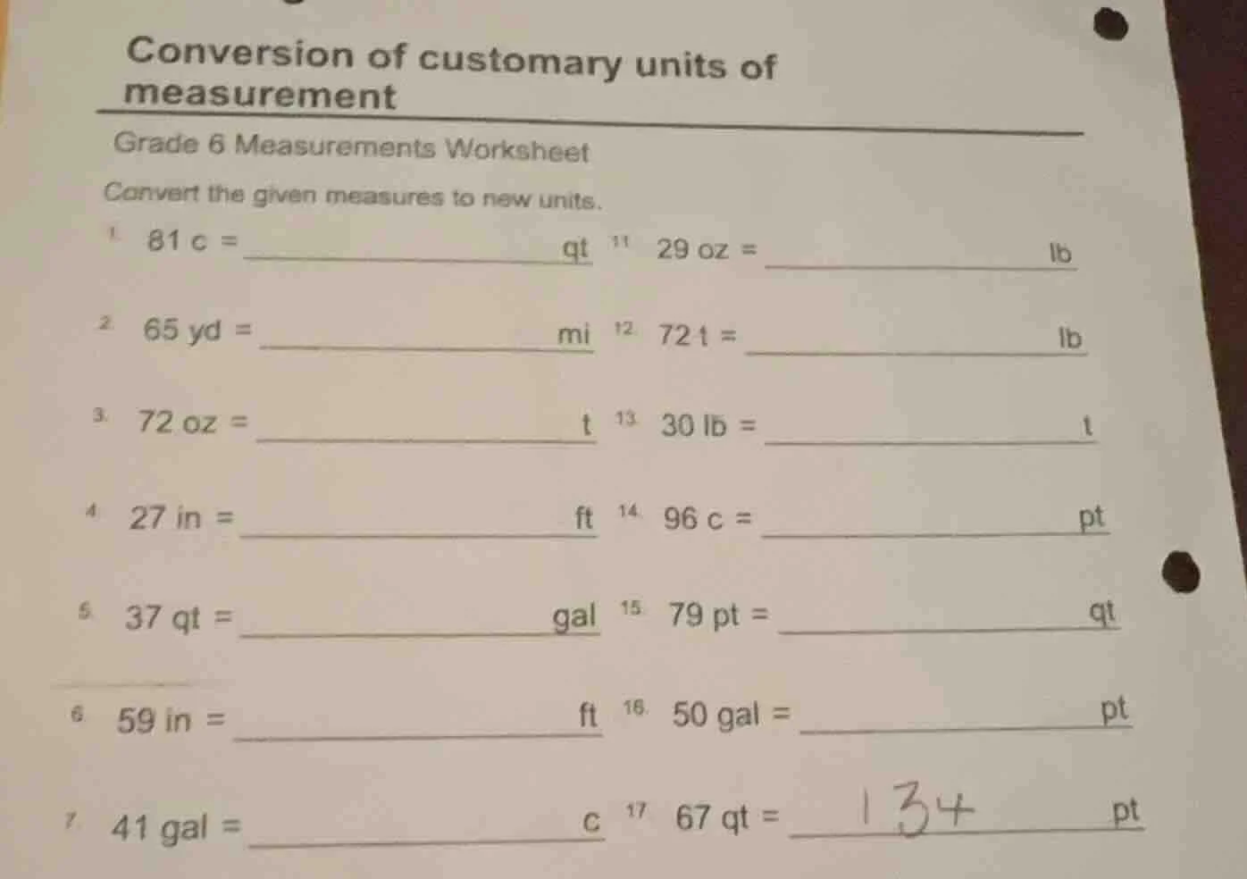 conversion of customary units of measurement grade 6 measurements works…