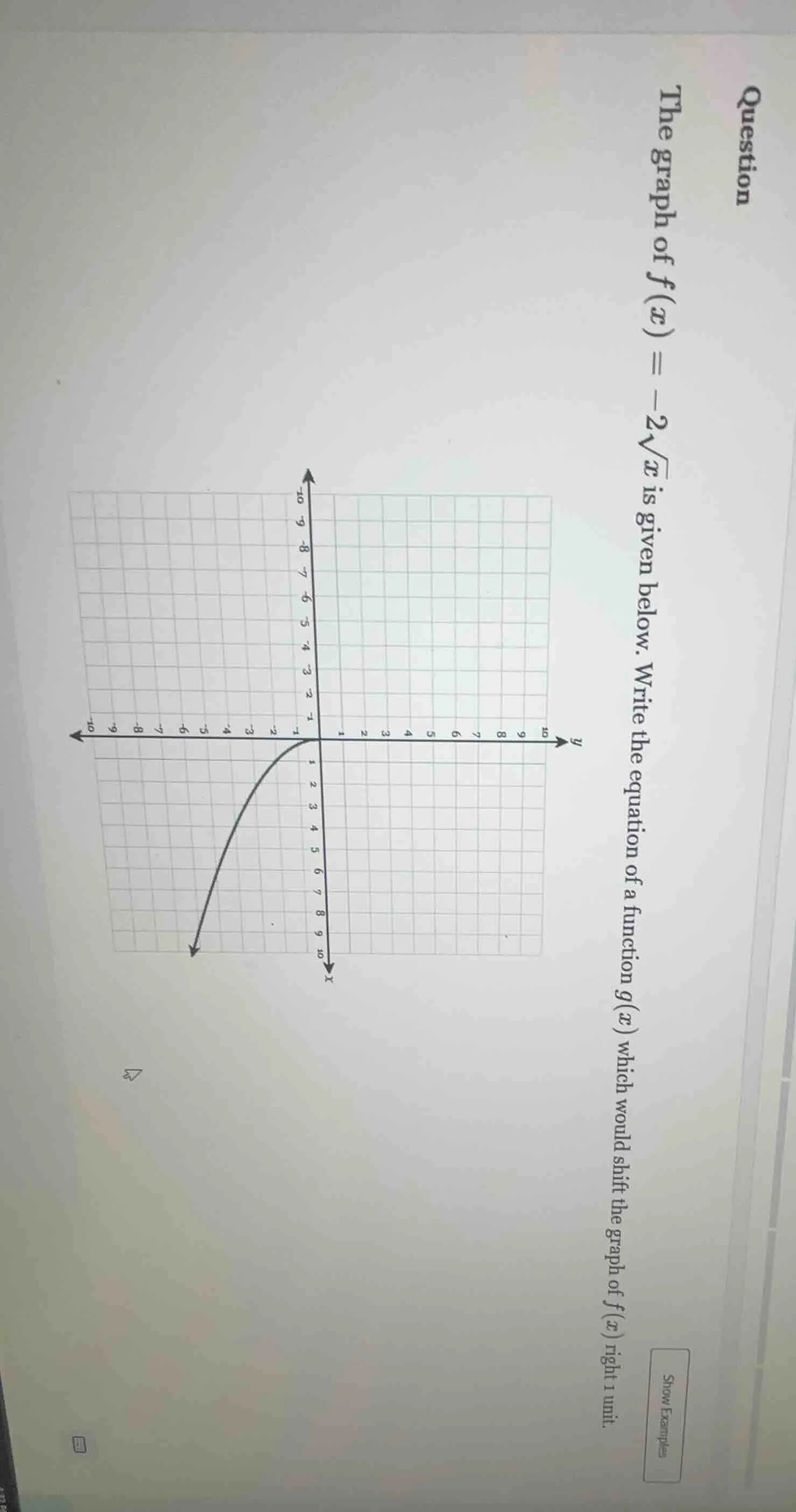 question the graph of ( f(x) = -2sqrt{x} ) is given below. write the eq…