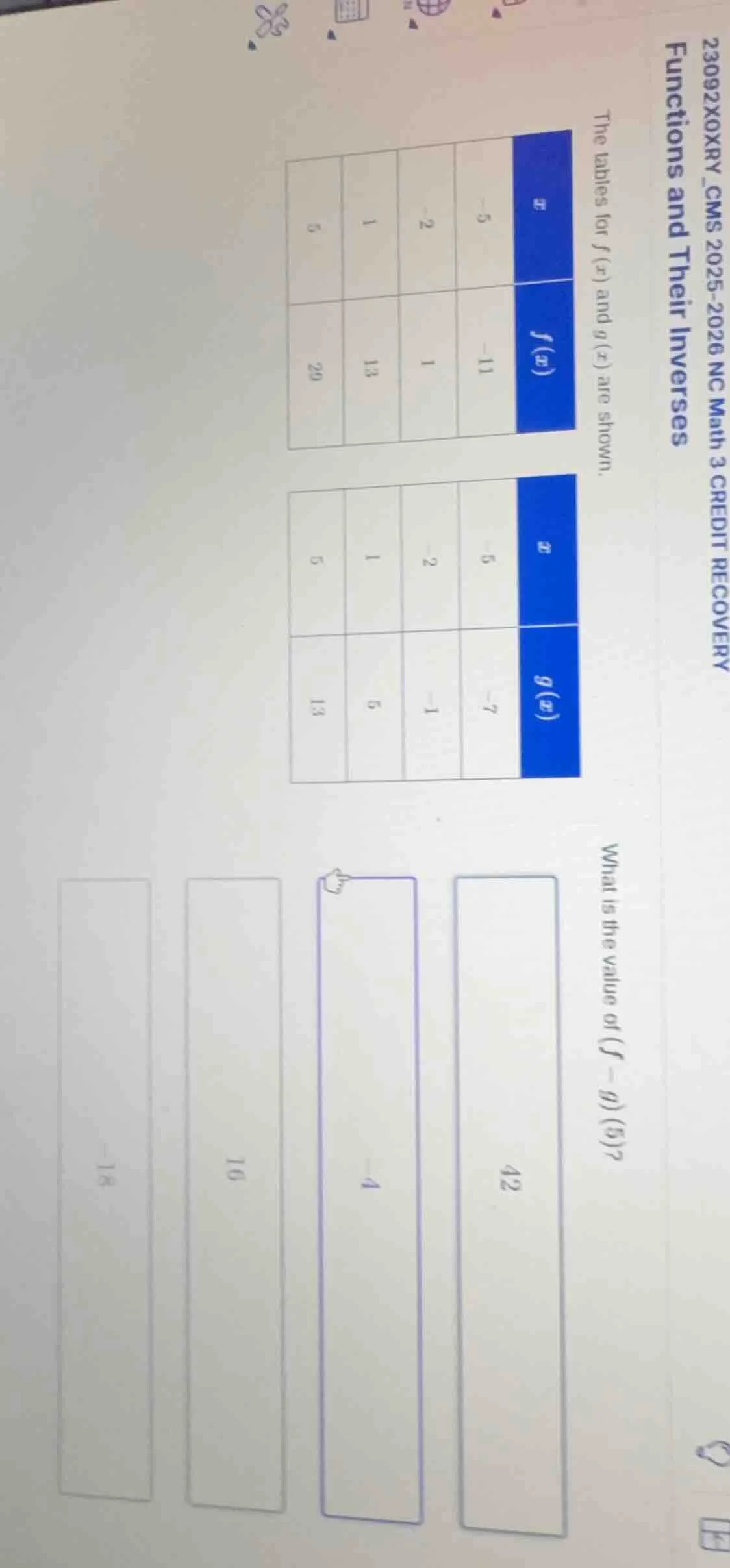 functions and their inverses the tables for ( f(x) ) and ( g(x) ) are s…